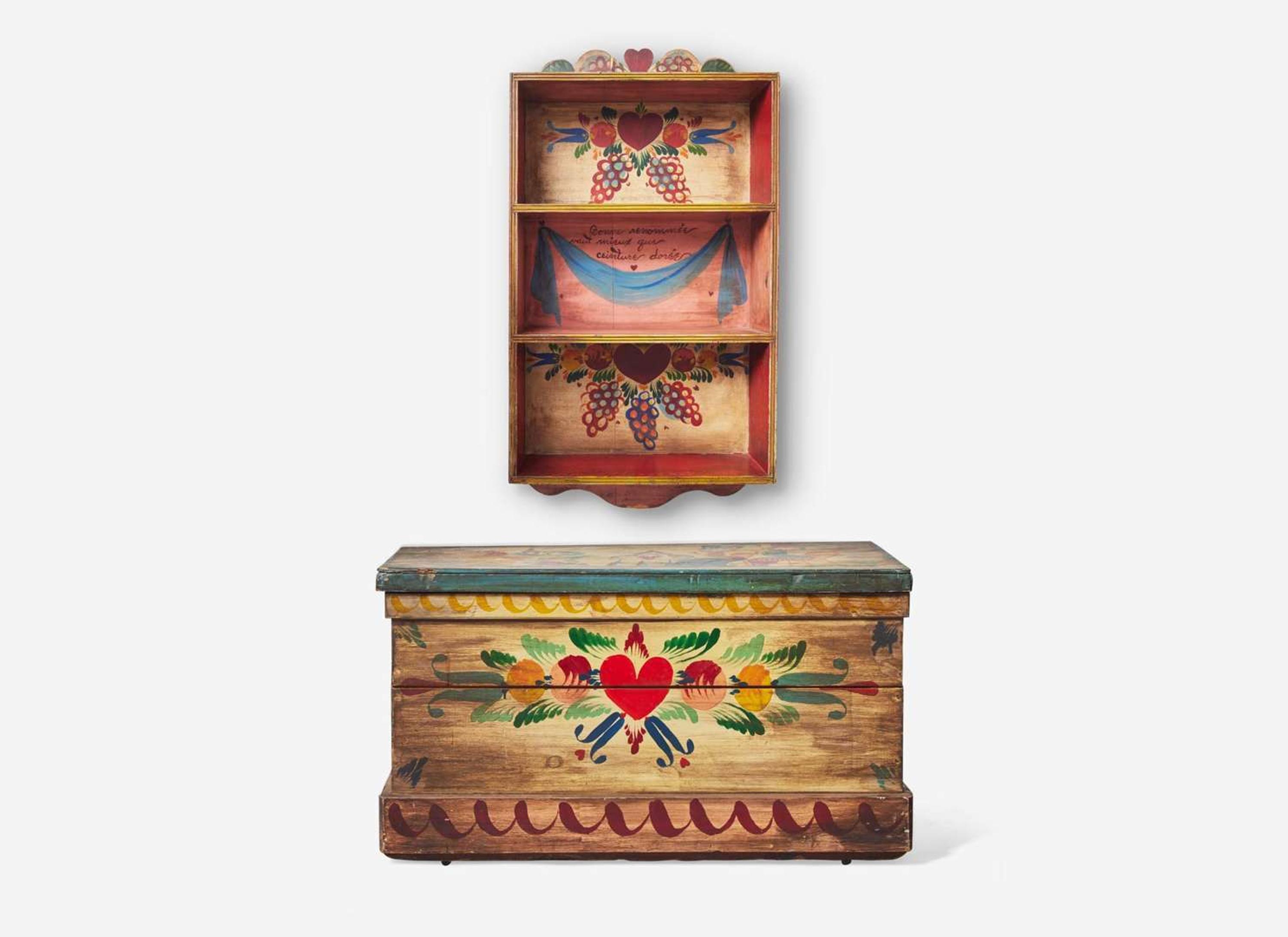 A painted and decorated shelf and storage chest, Peter Hunt (1896-1967), Cape Cod, MA, mid-20th century