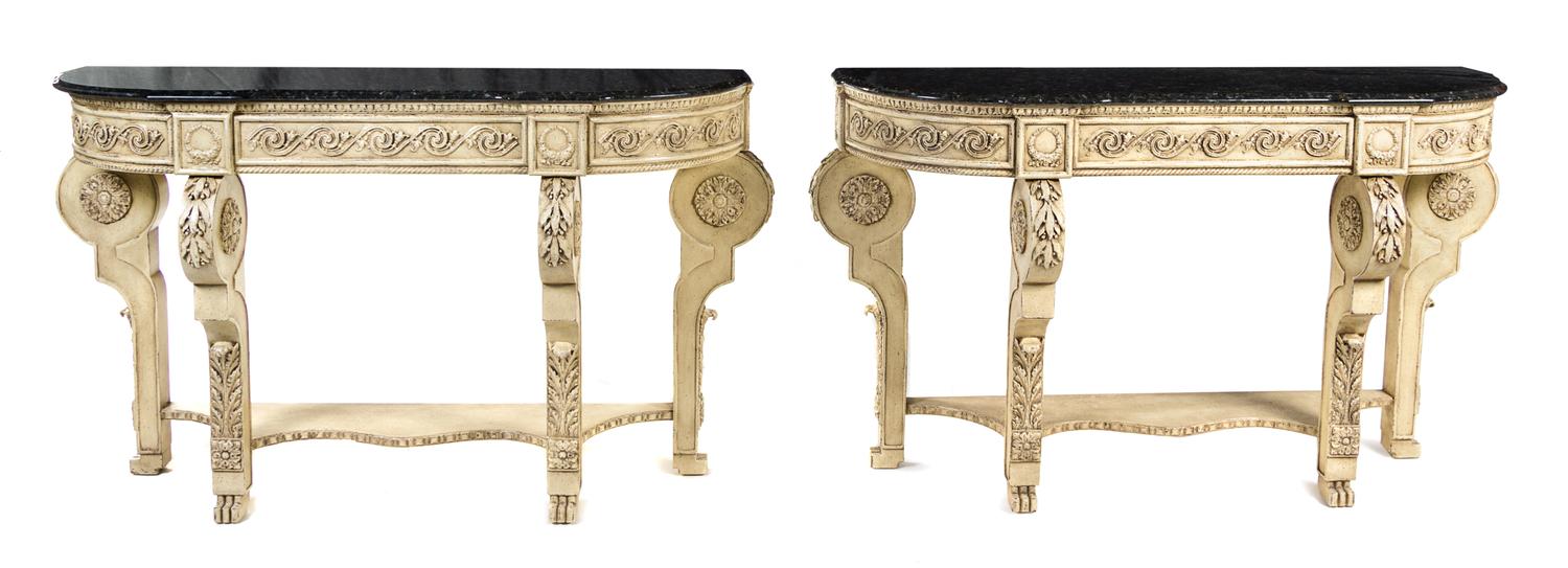 A Pair of Italian Neoclassical Style Painted Console Tables Height 35 1/2 x width 59 1/4 x depth 17 3/4 inches. — AMY HOWARD, 20TH CENTURY