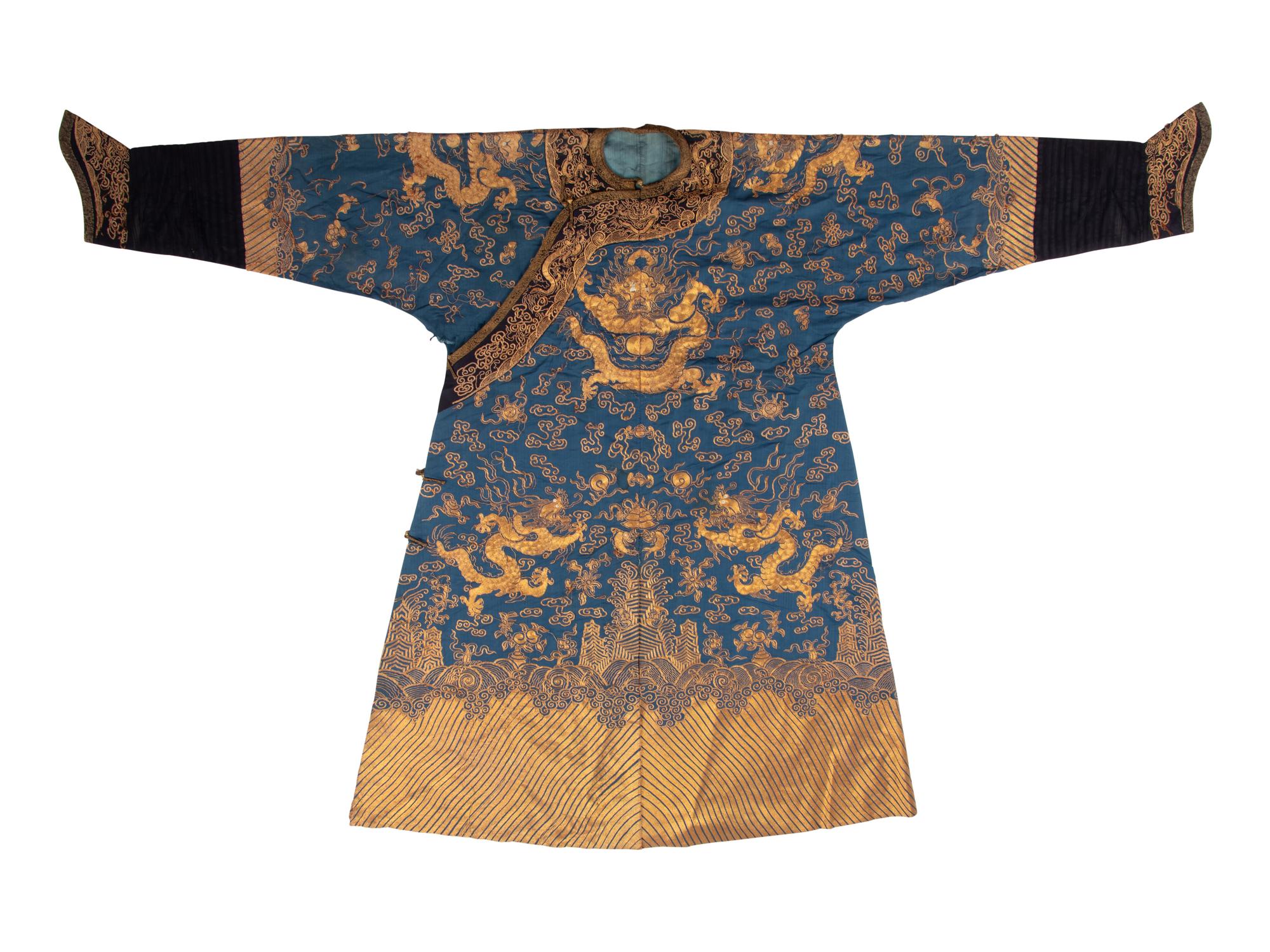 A Blue Ground Embroidered Silk Dragon Robe, Jifu