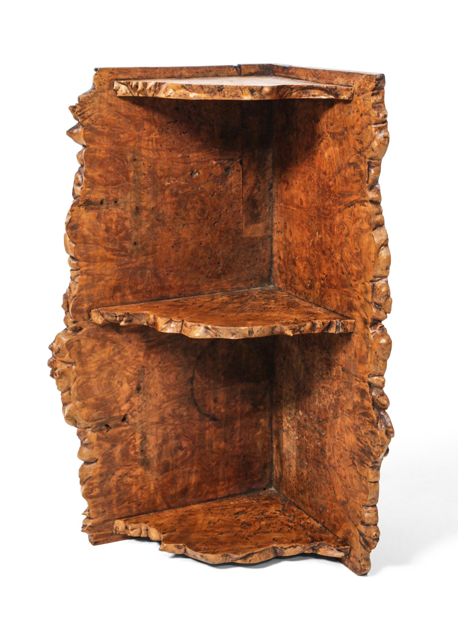 A Burl Wood Two Section Hanging Shelf Height 9 1/4 x width 18 1/4 x depth 8 1/4 inches.