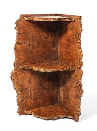 A Burl Wood Two Section Hanging Shelf Height 9 1/4 x width 18 1/4 x depth 8 1/4 inches.