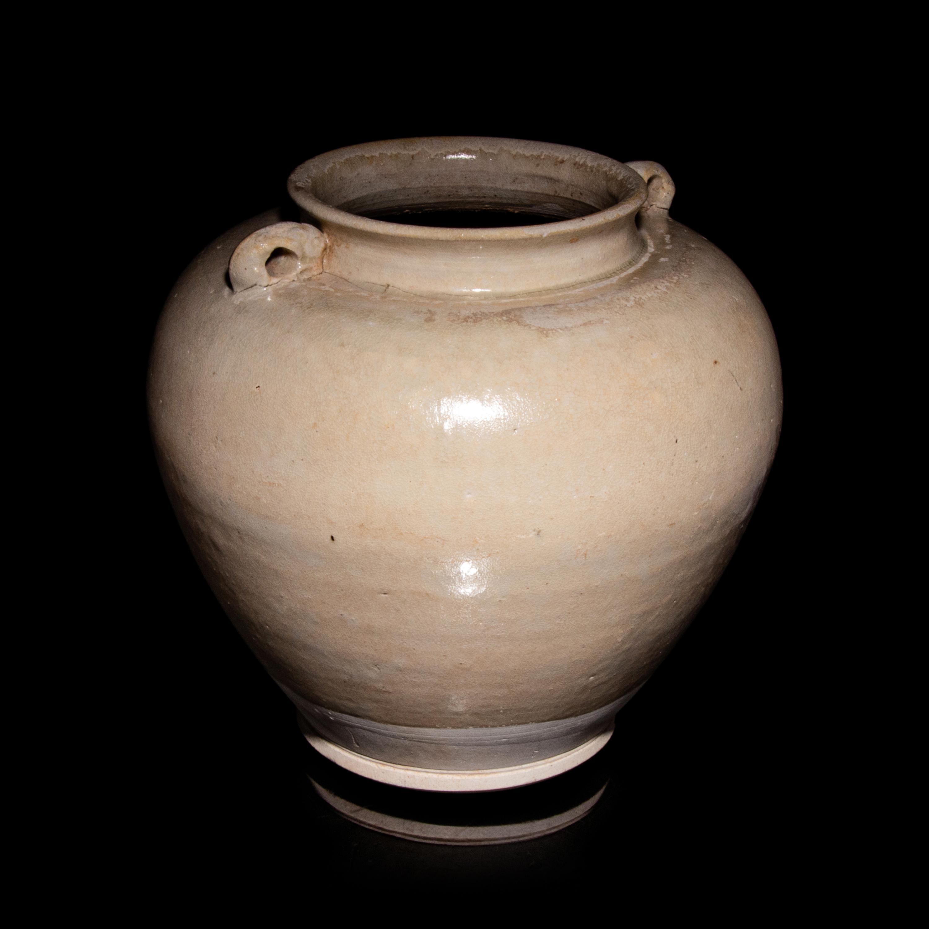 A Chinese White Glazed Gongxian Pottery 'Rabbit' Ovoid Jar, Tang Dynasty 唐 巩县窯白釉雙兔耳罐
