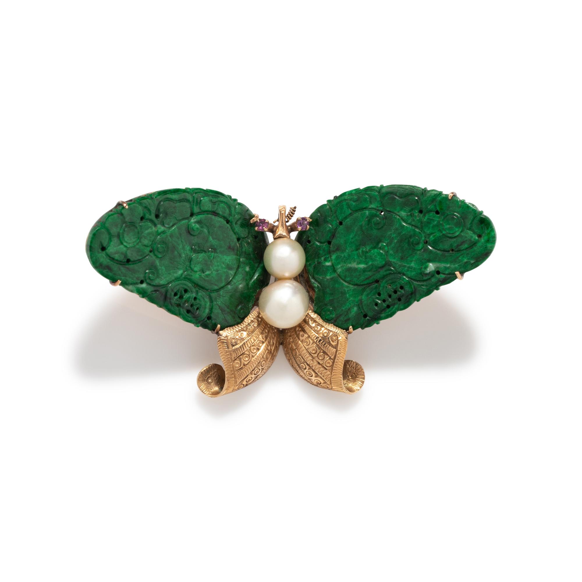 JADE AND CULTURED PEARL BUTTERFLY BROOCH