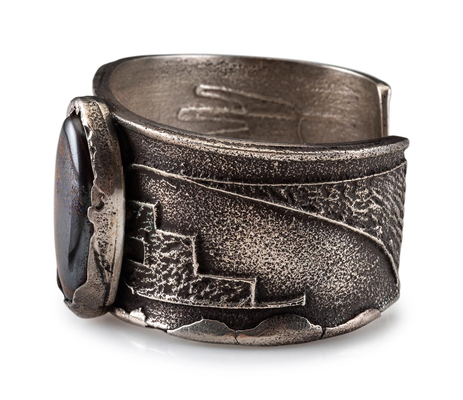 Tufa Cast Silver and Boulder Opal Cuff Bracelet, with Equine and Pueblo Design