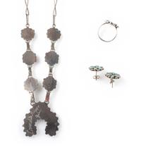 Silver and Petit Point Turquoise Squash Blosom Choker, with Matching Ring and Post Earrings