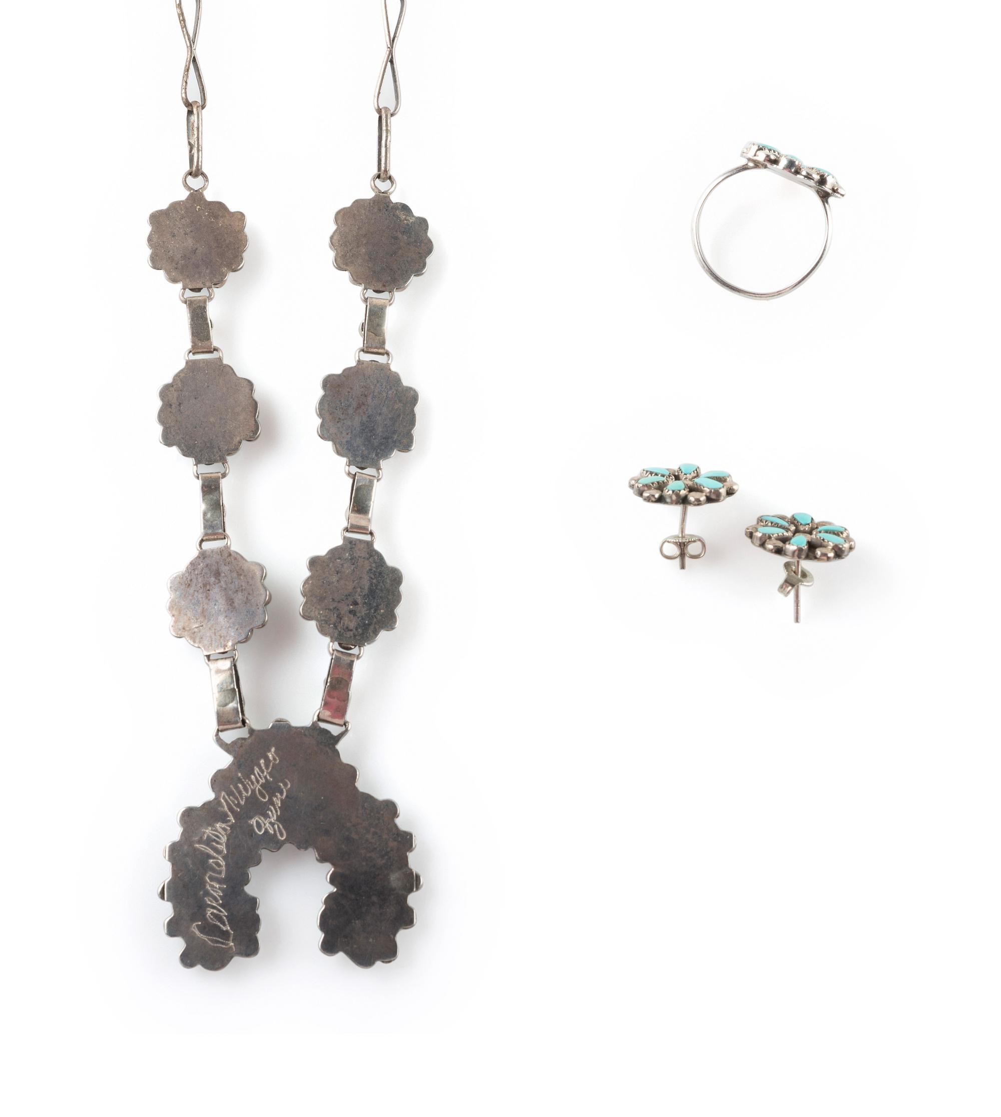 Silver and Petit Point Turquoise Squash Blosom Choker, with Matching Ring and Post Earrings