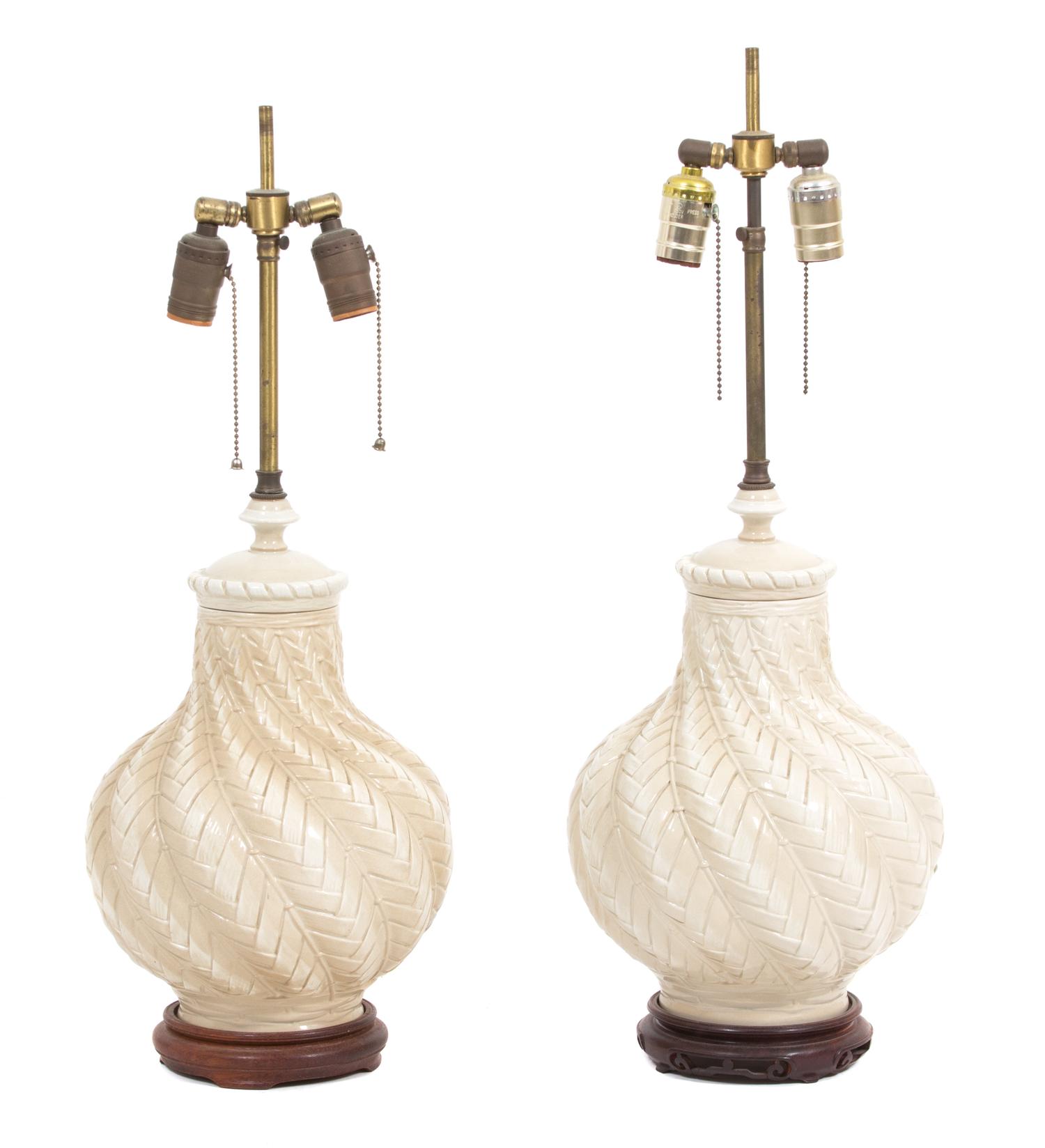 A Pair of Porcelain Lamps with Braided Pattern Height to finial 23 inches. — 20TH CENTURY