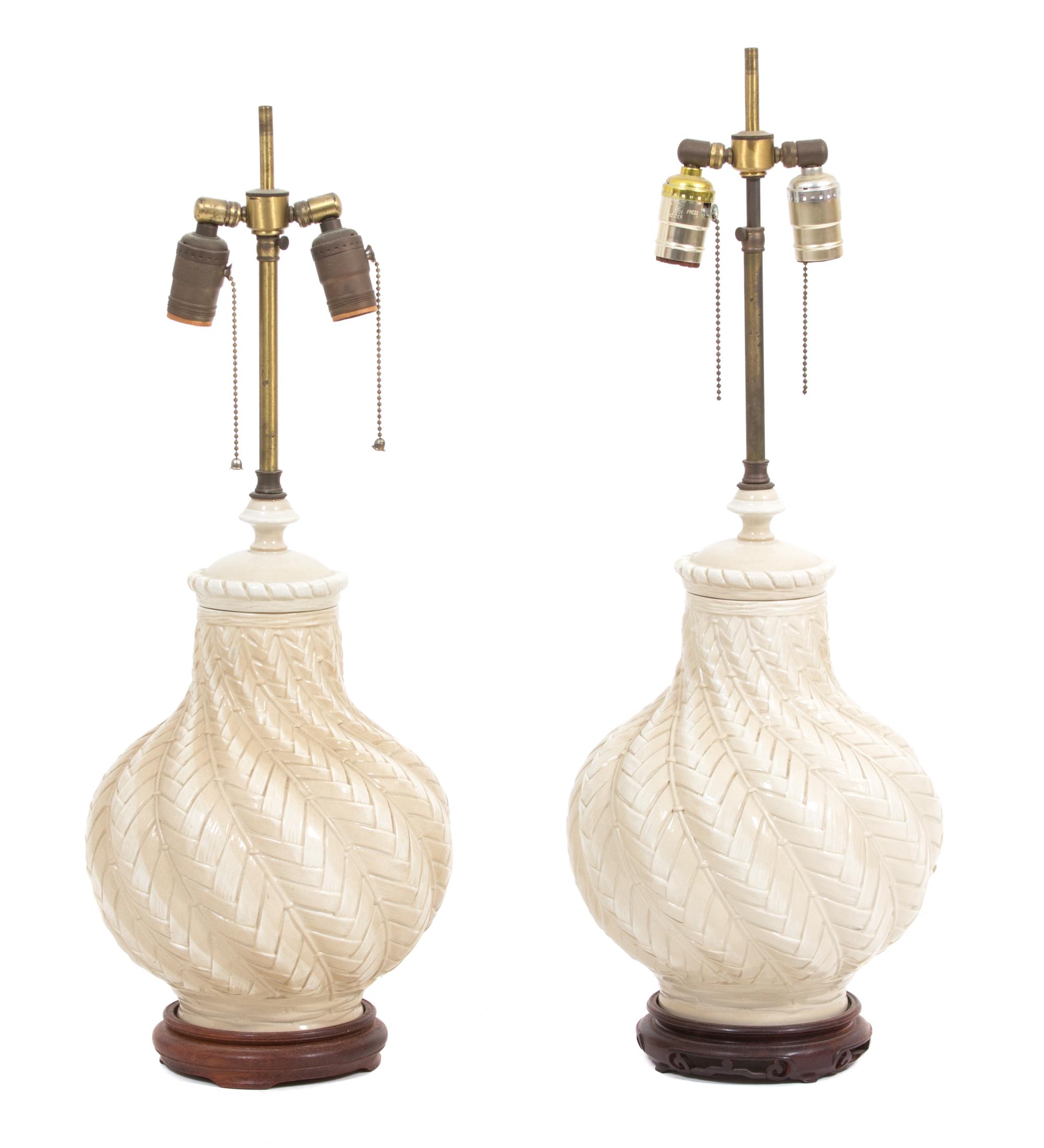 A Pair of Porcelain Lamps with Braided Pattern Height to finial 23 inches. — 20TH CENTURY