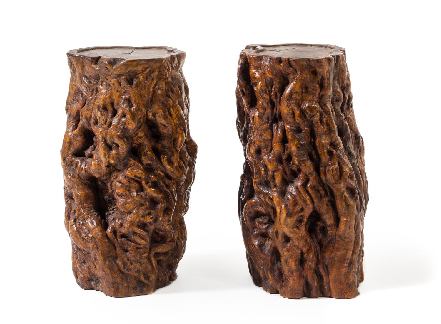 A Pair of Large Chinese Burlwood Stools Height 19 x width 9 1/4 x depth 9 3/4 inches. — 18TH/19TH CENTURY