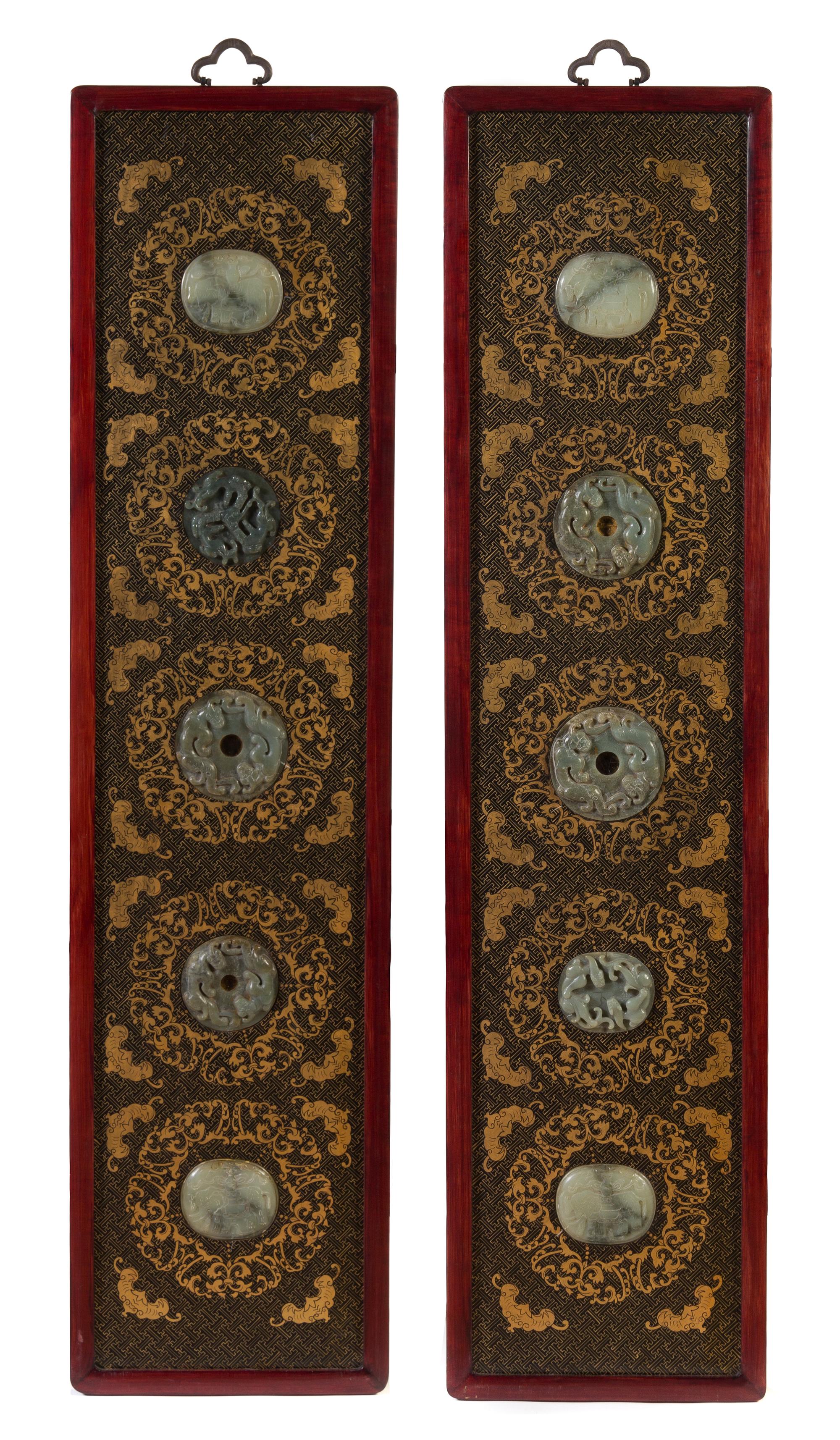 A Pair of Chinese Jade Inset Parcel Gilt, Black Lacquered Panels Height 59 inches.