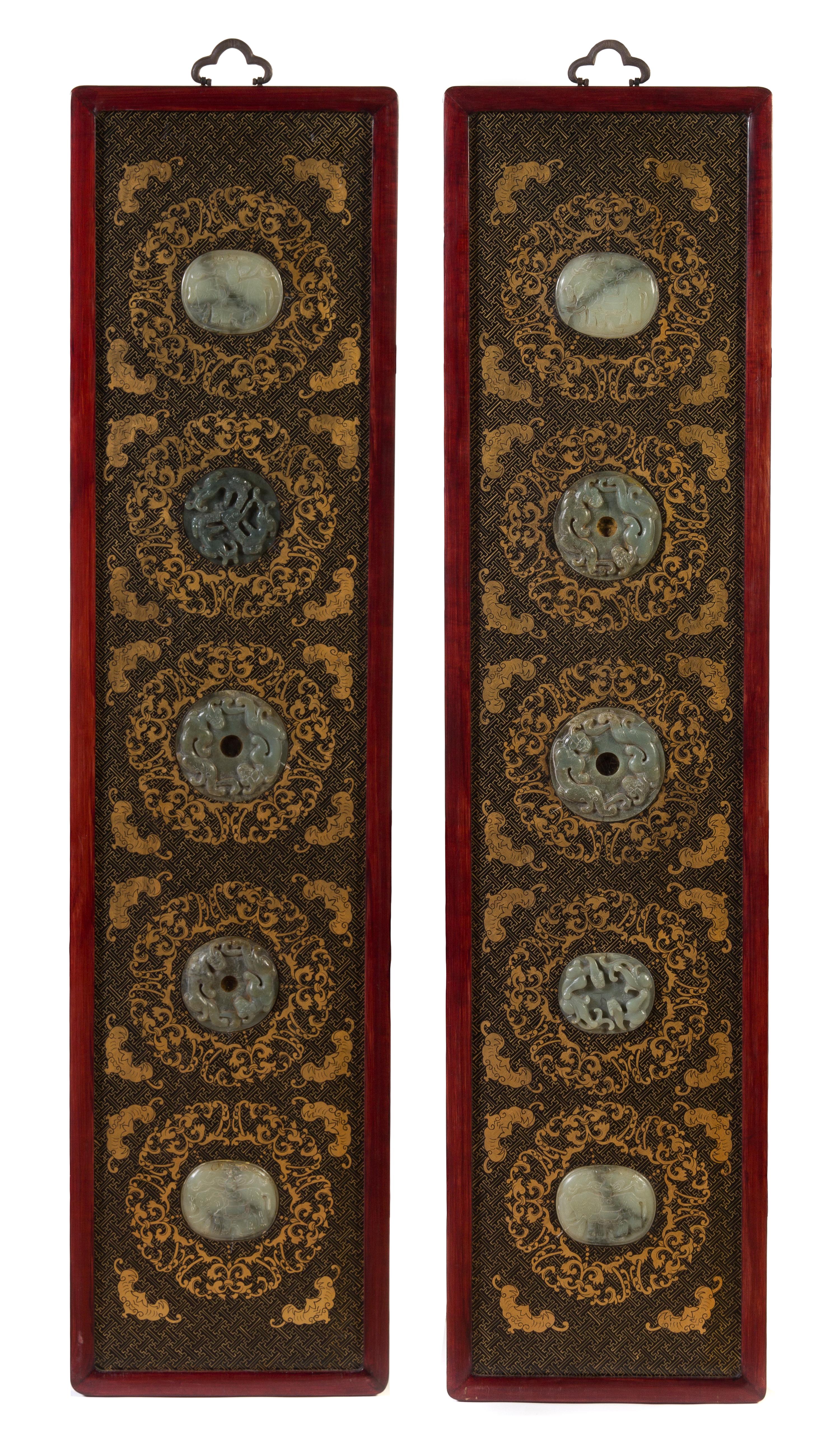 A Pair of Chinese Jade Inset Parcel Gilt, Black Lacquered Panels Height 59 inches.