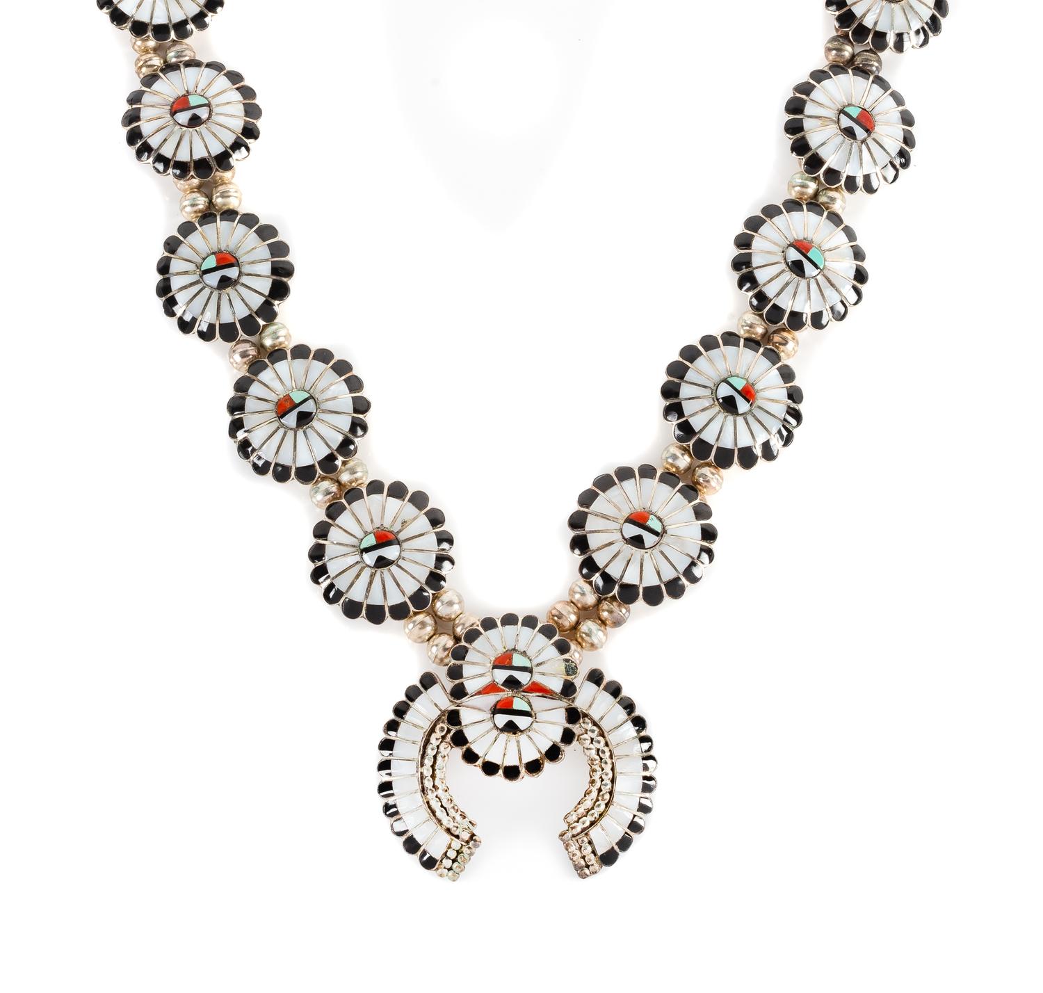 Zuni Sun Face Kachina Squash Blossom Necklace Length 30 inches; naja 2 1/4 x 2 1/4 inches