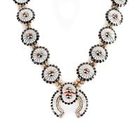 Zuni Sun Face Kachina Squash Blossom Necklace Length 30 inches; naja 2 1/4 x 2 1/4 inches