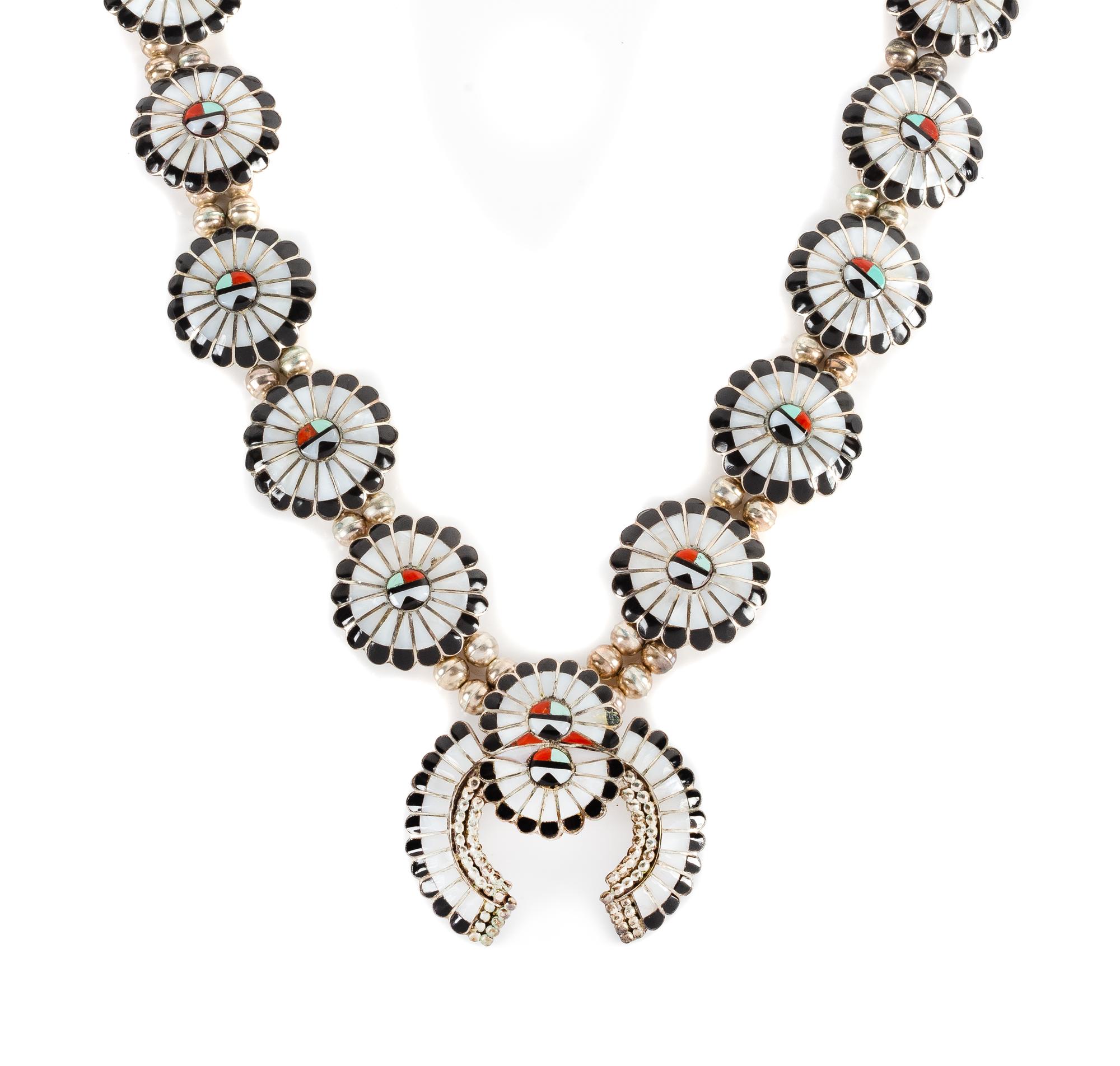 Zuni Sun Face Kachina Squash Blossom Necklace Length 30 inches; naja 2 1/4 x 2 1/4 inches