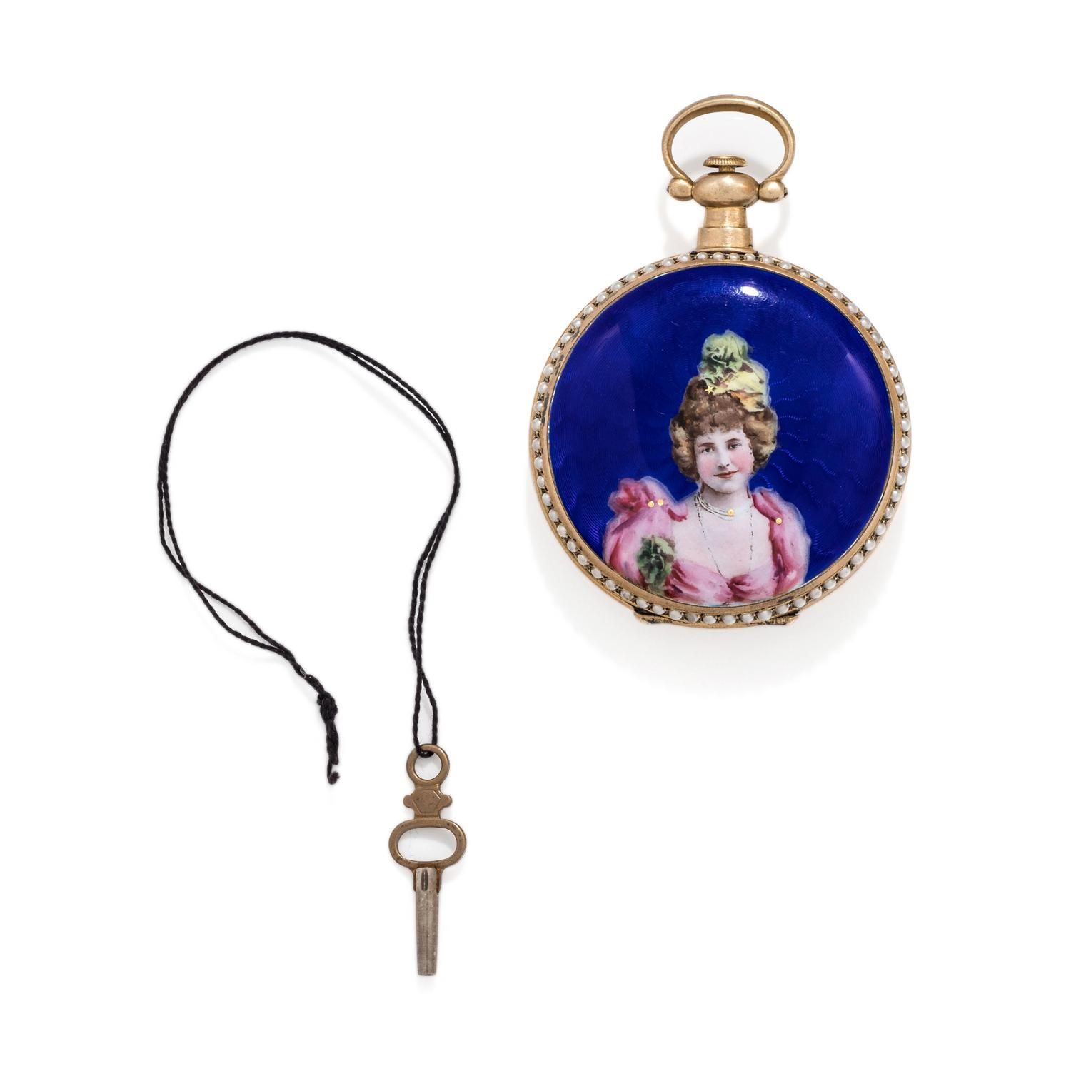 SILVER-GILT, PEARL AND ENAMEL OPEN FACE POCKET WATCH