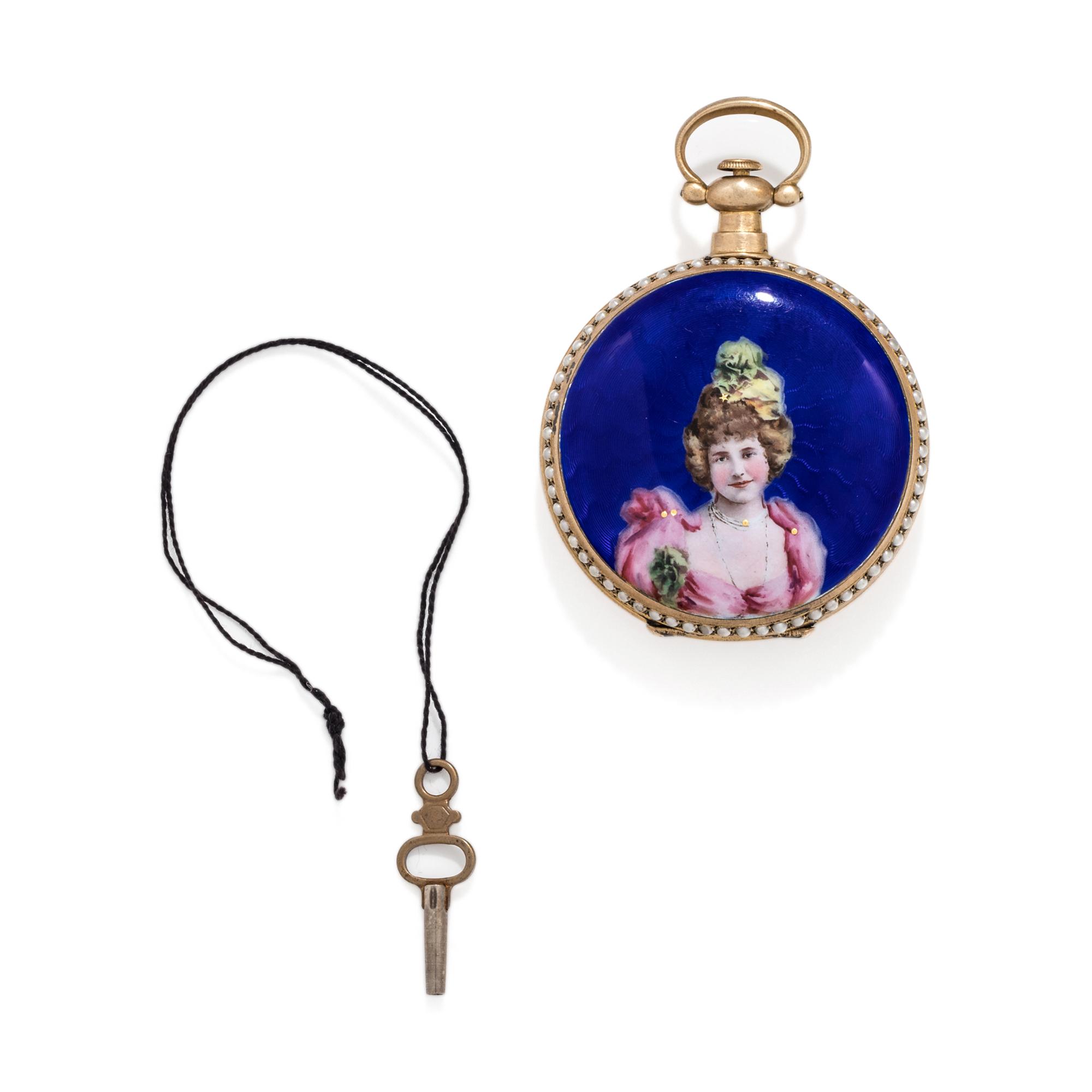 SILVER-GILT, PEARL AND ENAMEL OPEN FACE POCKET WATCH