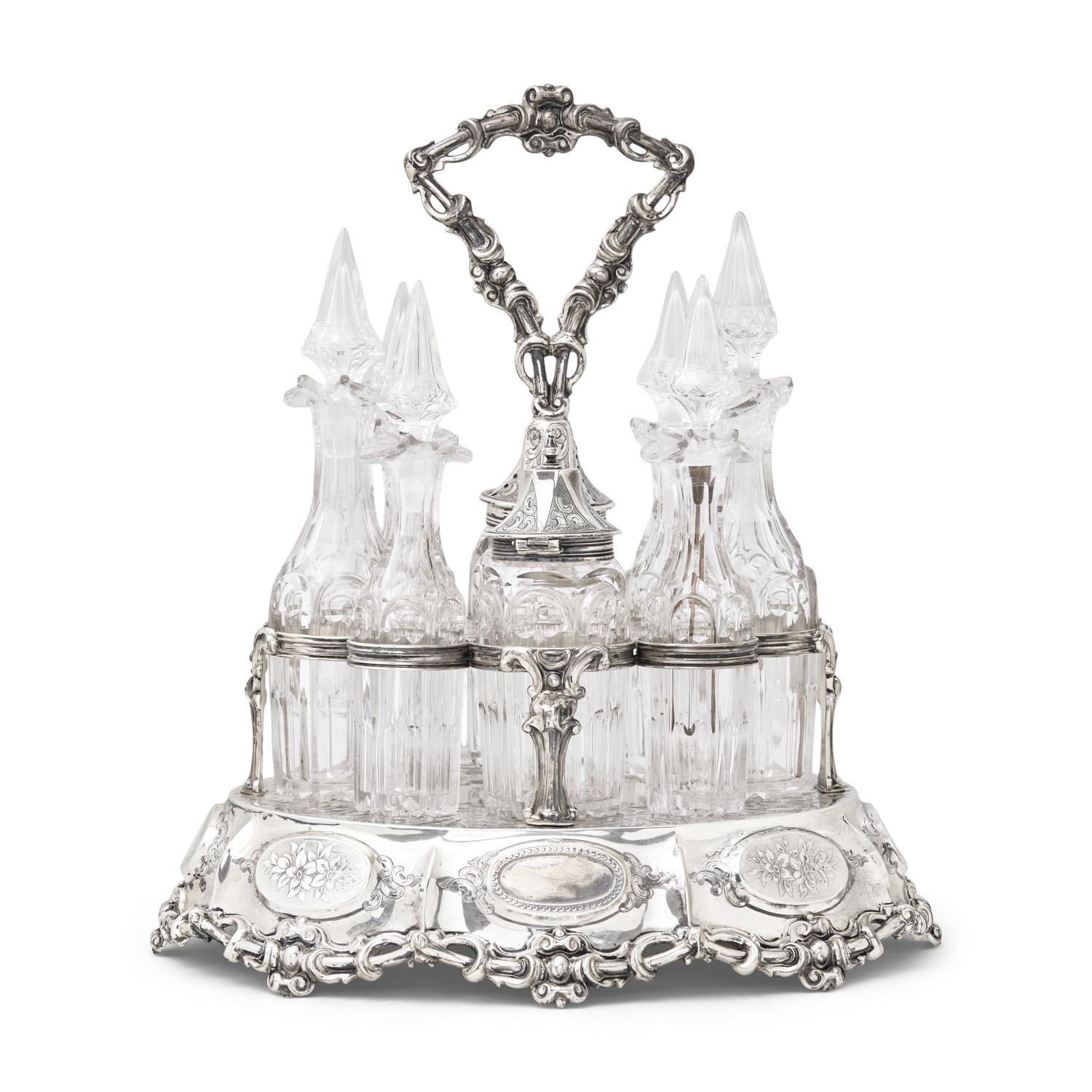 A Large and Impressive Victorian Silver and Cut Glass Cruet Set