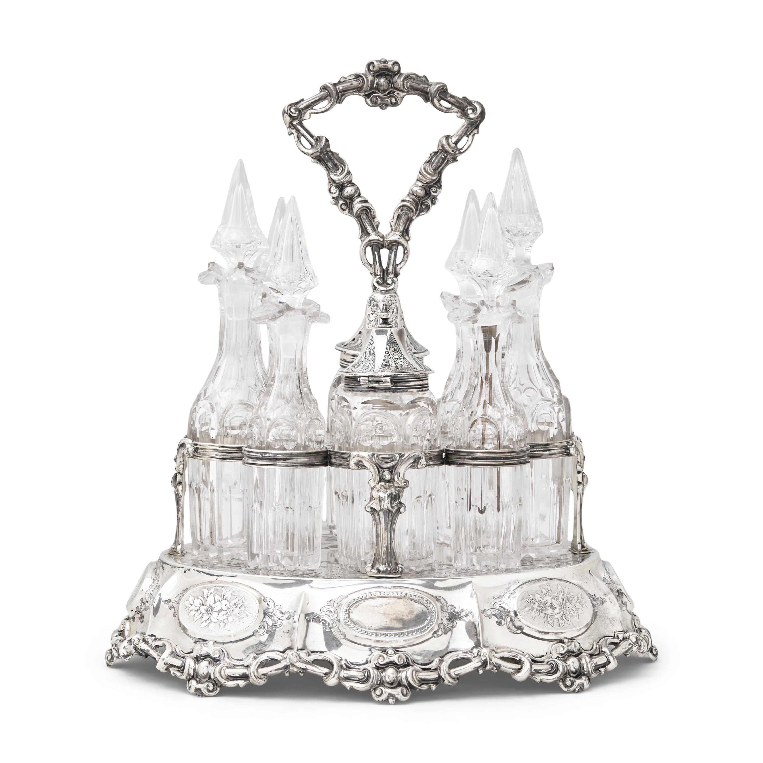 A Large and Impressive Victorian Silver and Cut Glass Cruet Set