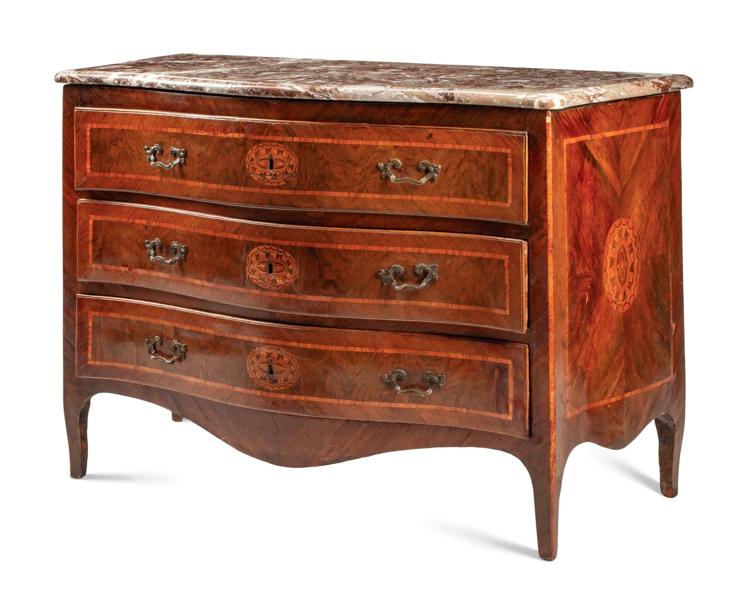 A Neapolitan Walnut and Marquetry Marble-Top Commode