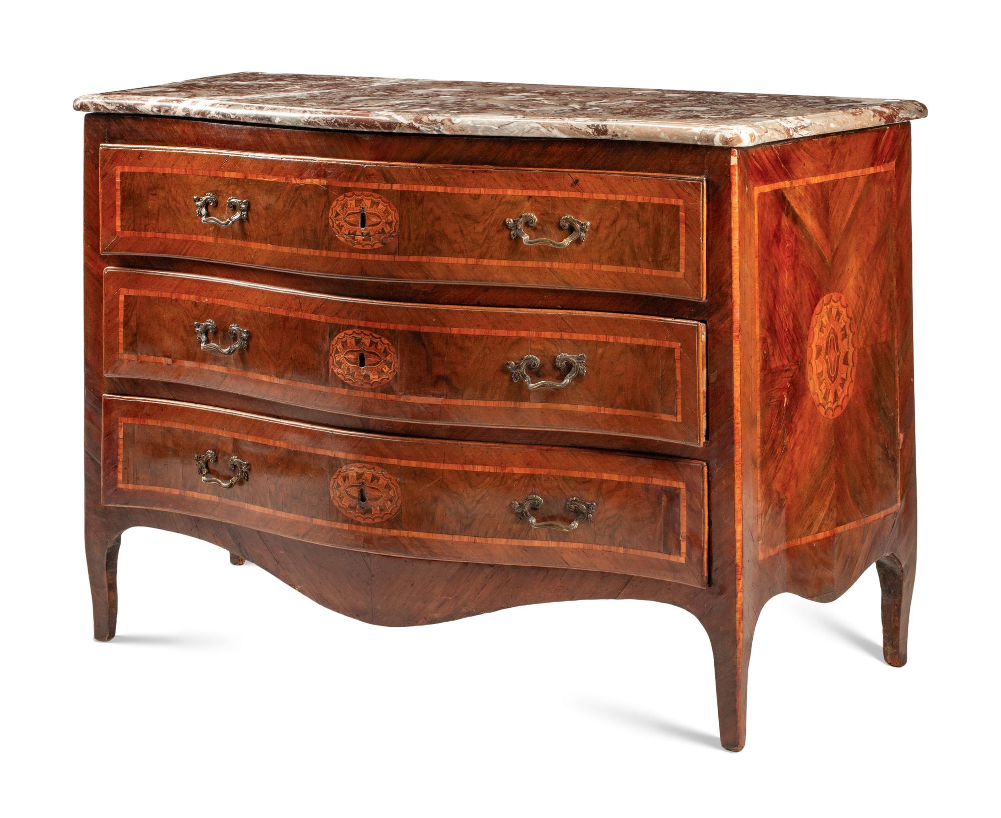 A Neapolitan Walnut and Marquetry Marble-Top Commode