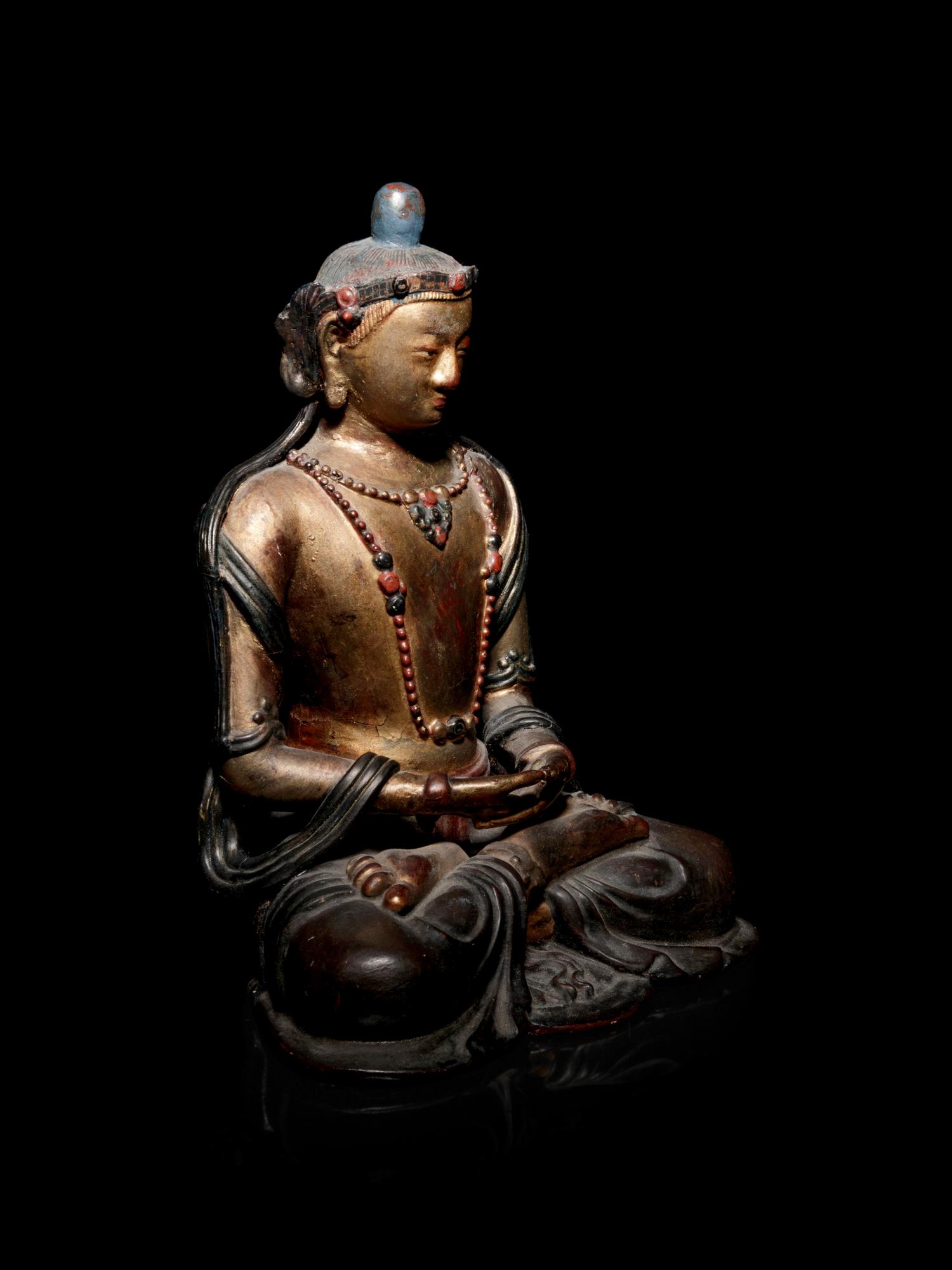 A Mongolian Gilt and Polychrome Painted Wood Figure of Amitayus