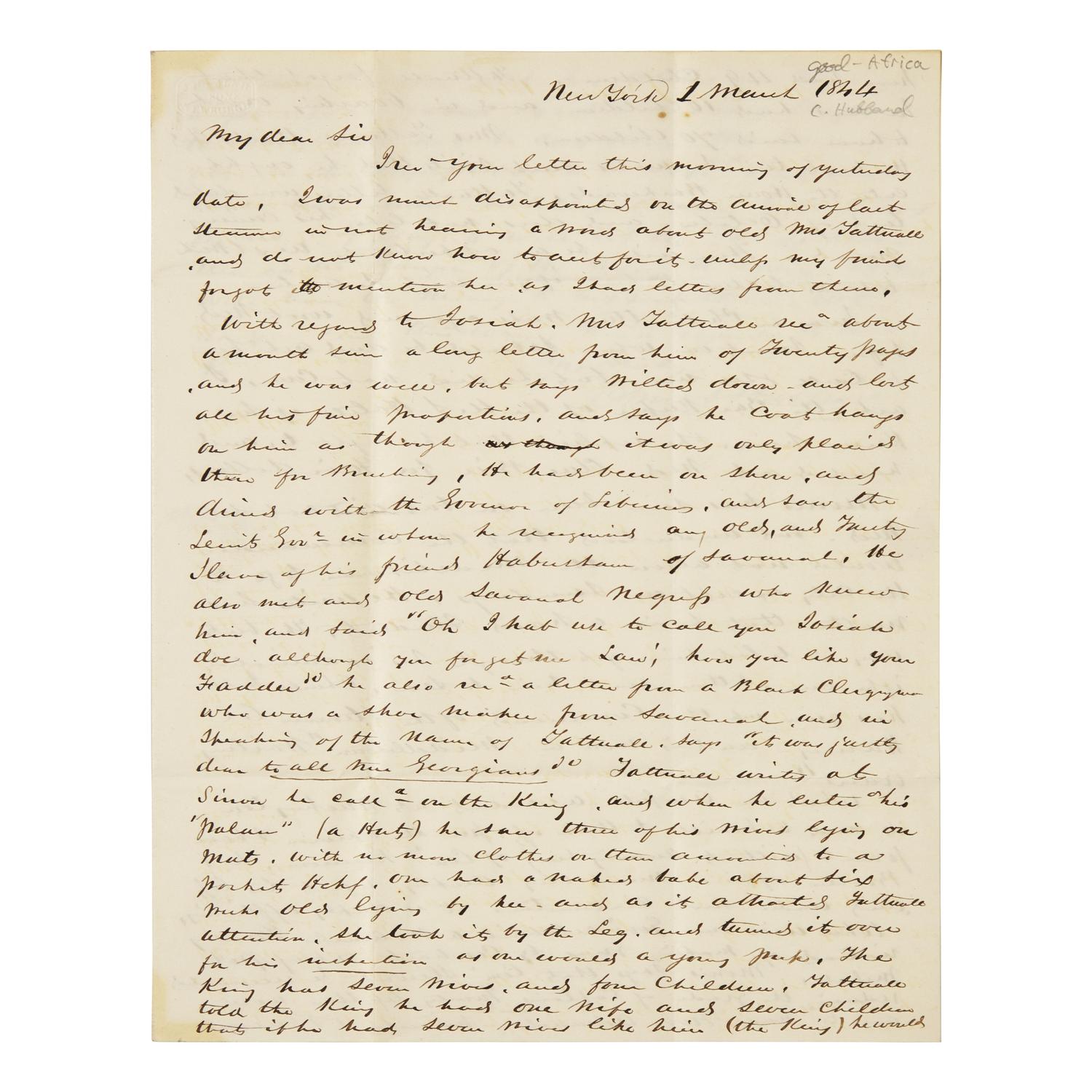[Paulding, Hiram] [Liberia]. (Tattnall, Josiah). Autograph Letter, signed
