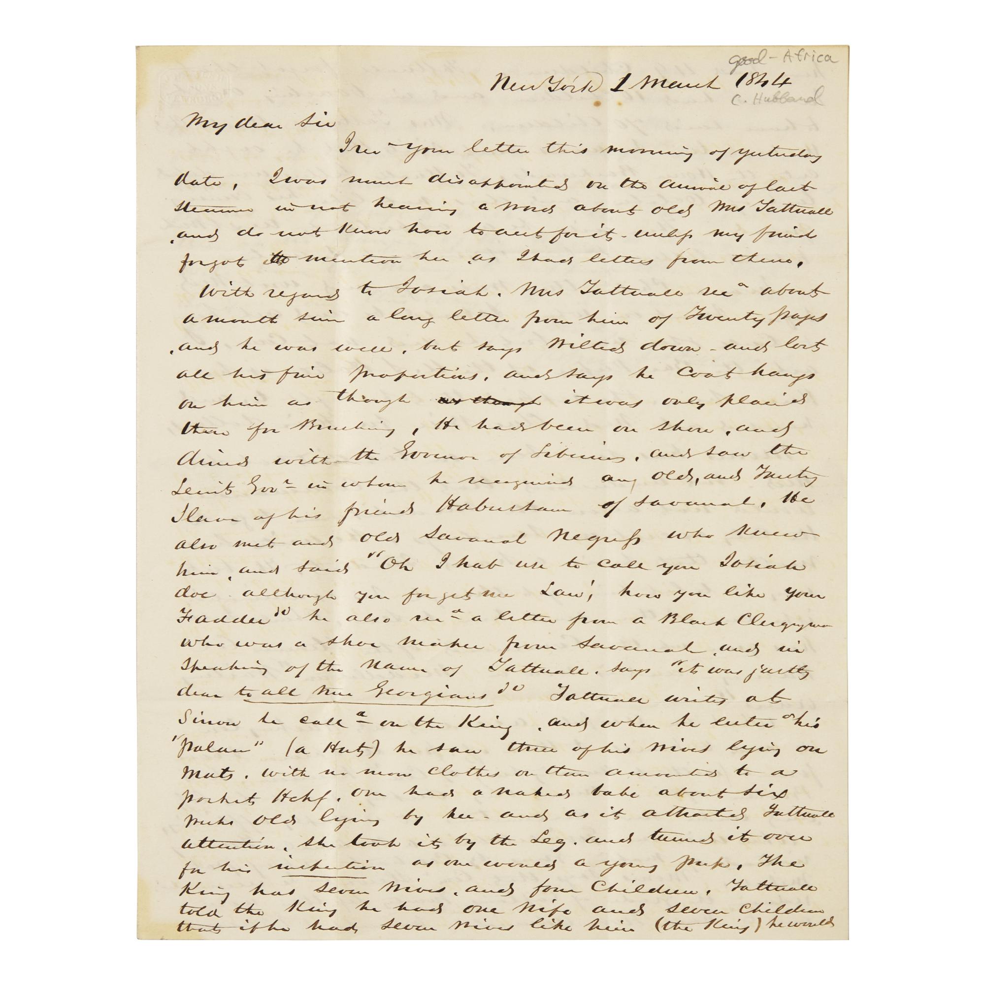 [Paulding, Hiram] [Liberia]. (Tattnall, Josiah). Autograph Letter, signed