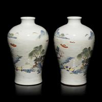 A Pair of Chinese Famille Rose 'Landscape' Porcelain Vases, 20th Century — 近代 粉彩亭台山水圖梅瓶一對