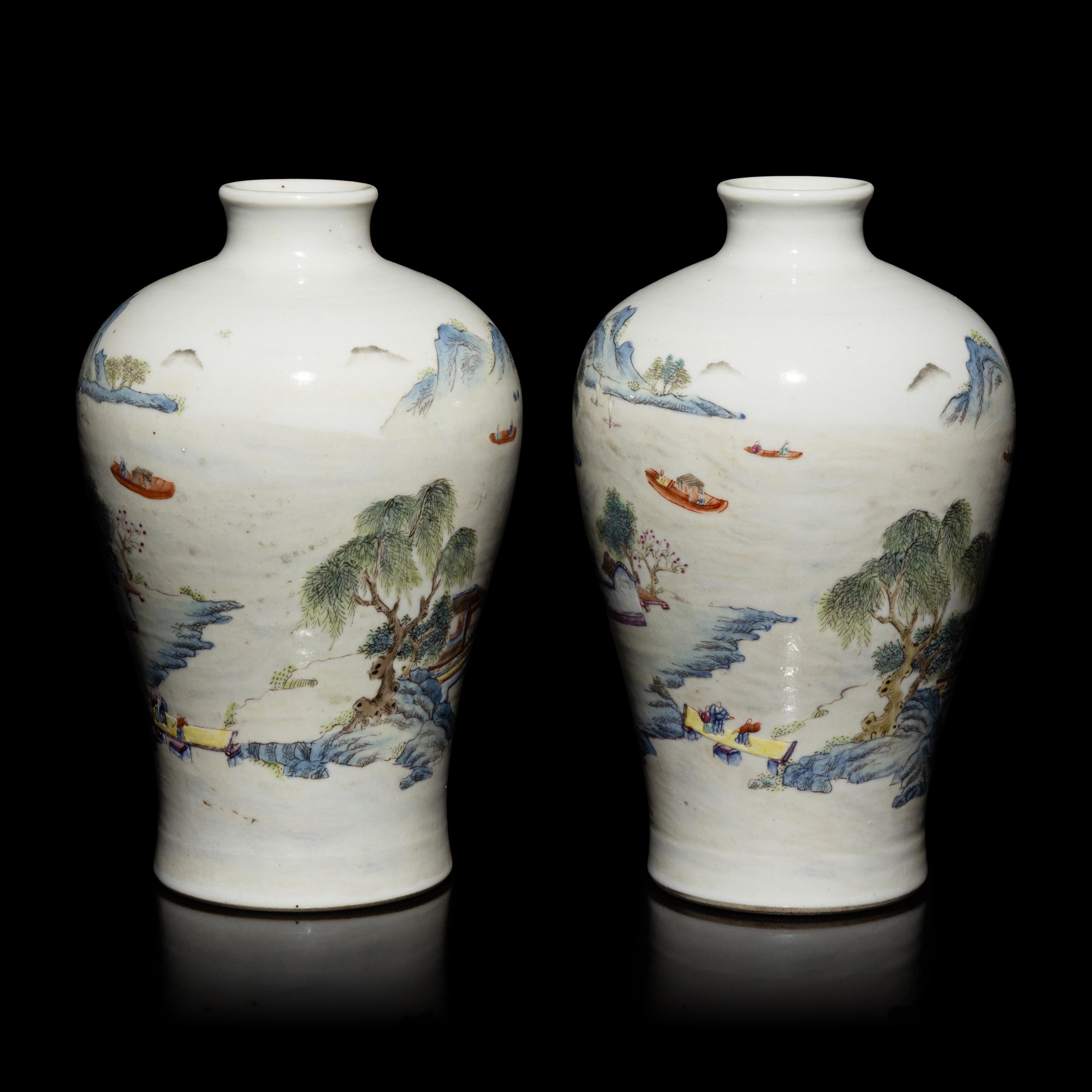 A Pair of Chinese Famille Rose 'Landscape' Porcelain Vases, 20th Century — 近代 粉彩亭台山水圖梅瓶一對