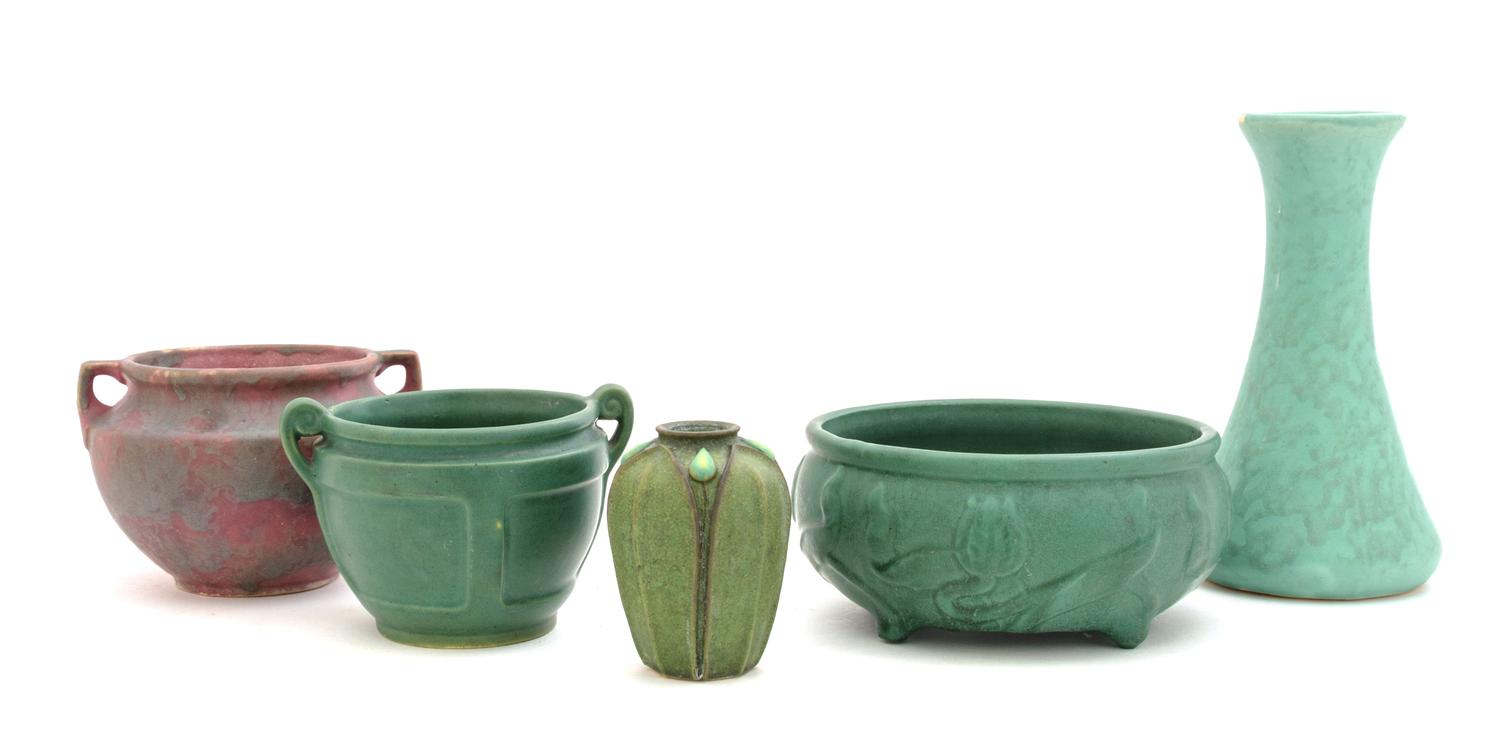 Four American Monochrome Glazed Pottery Vases Height of tallest 8 1/4 inches.