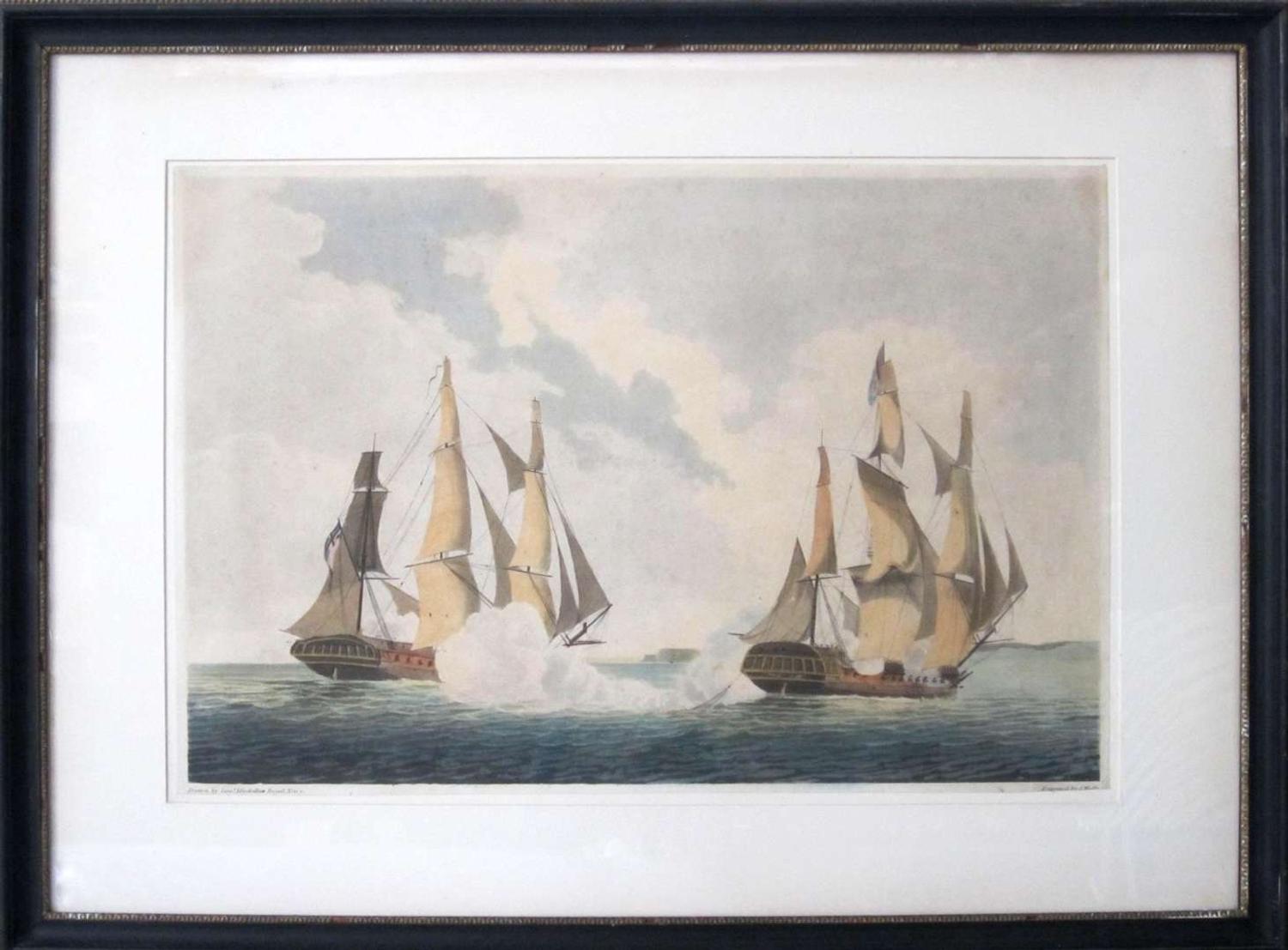 Two aquatints: After Lieut J. Mackellar, Royal Navy (late 18th century) "commencement of action between the french frigate la reunion and h.m.s. crescent"