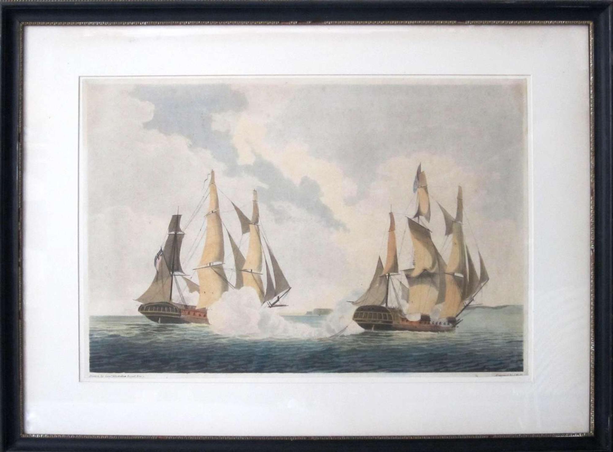 Two aquatints: After Lieut J. Mackellar, Royal Navy (late 18th century) "commencement of action between the french frigate la reunion and h.m.s. crescent"
