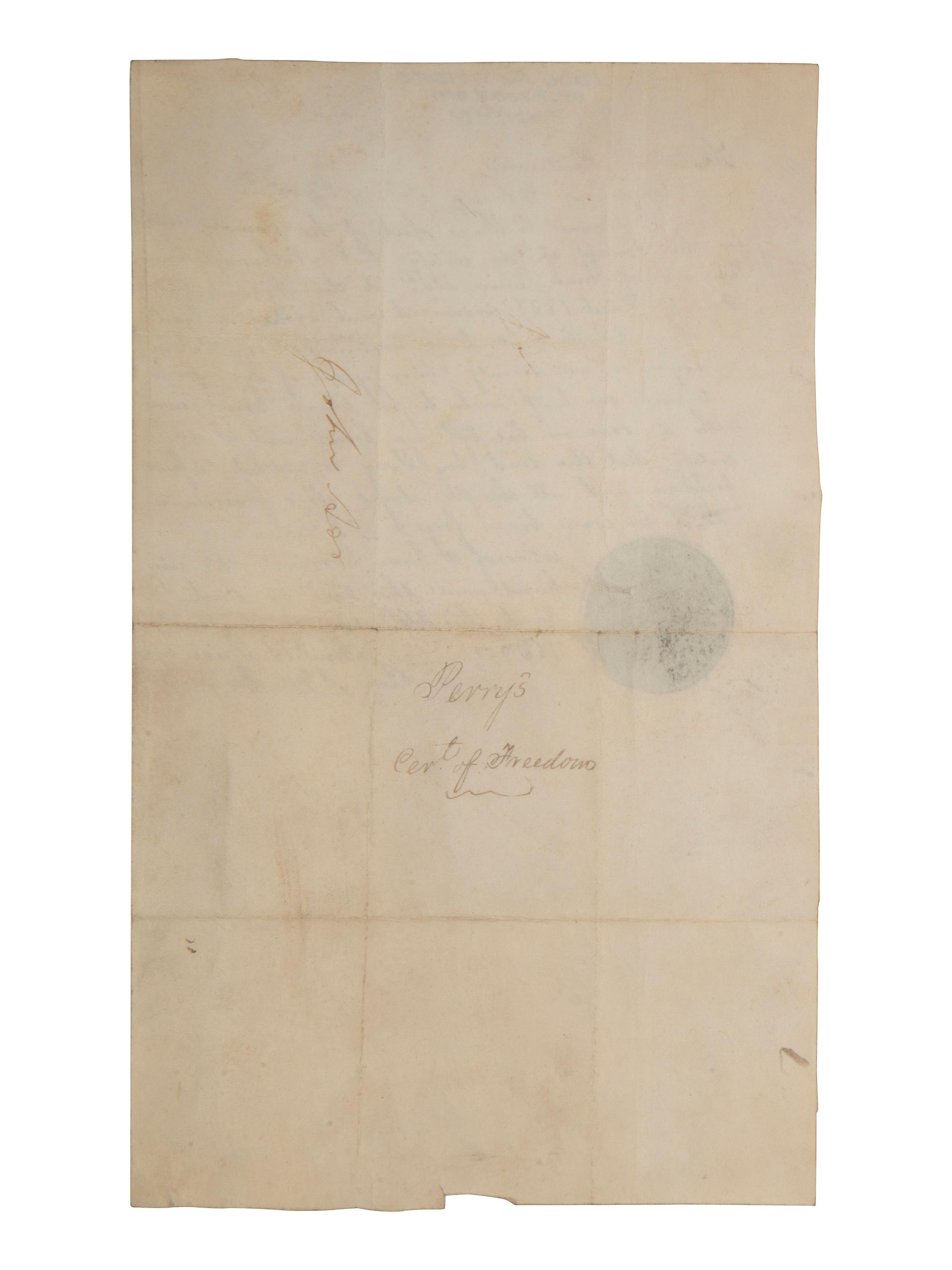 [ENSLAVEMENT]. Manuscript deed of emancipation for a man named Perry. Jessamine Co., KY, 1838.