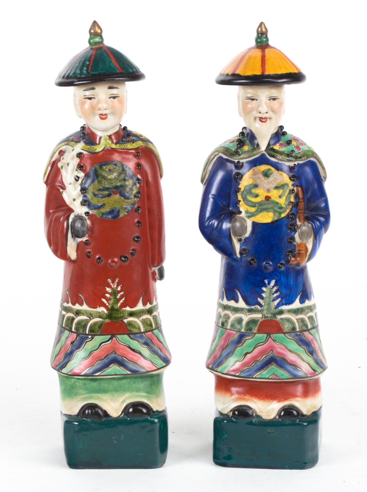 A Pair of Chinese Painted Ceramic Figures of Dignitaries Height 12 inches.