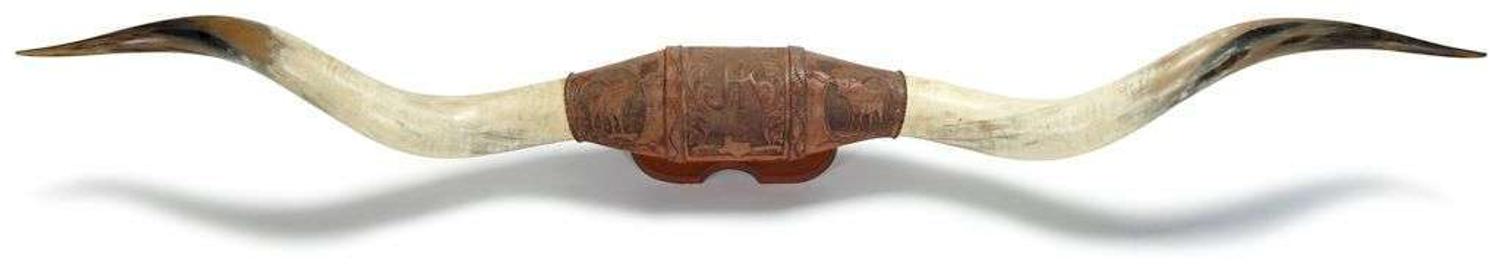 Mounted steer Longhorns "leather tooled by randy steffen, the long horn studio, cicso, texas"