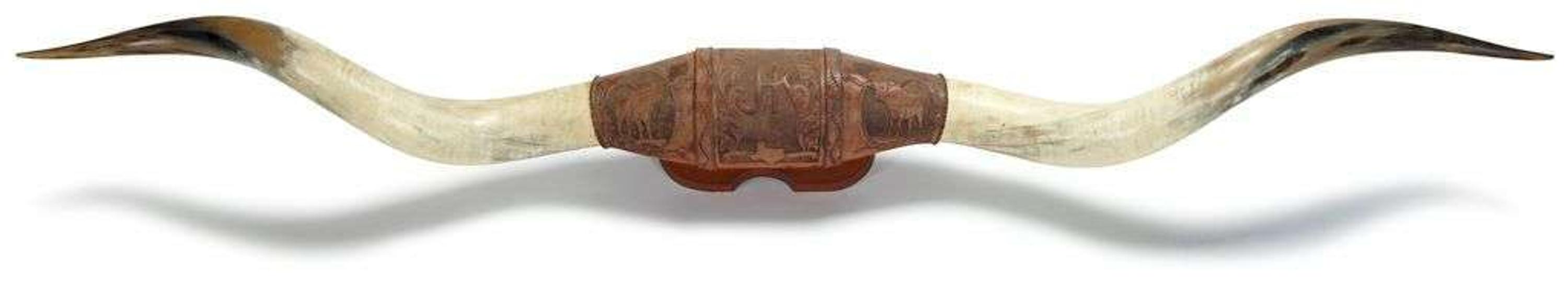 Mounted steer Longhorns "leather tooled by randy steffen, the long horn studio, cicso, texas"