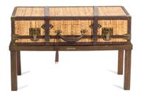 A Contemporary Leather and Brass Mounted Sisal Suitcase on Stand Height 19 1/4 x width 31 x depth 15 3/4 inches. — 20TH CENTURY
