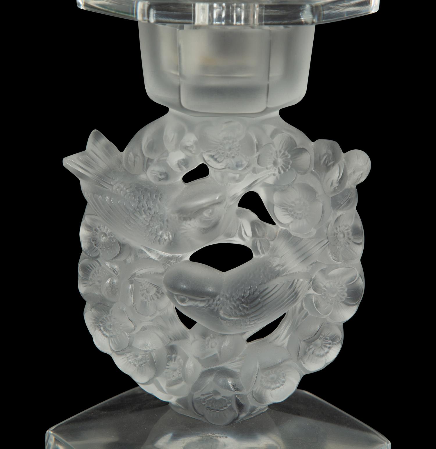 A Pair of Lalique Mesanges Candlesticks