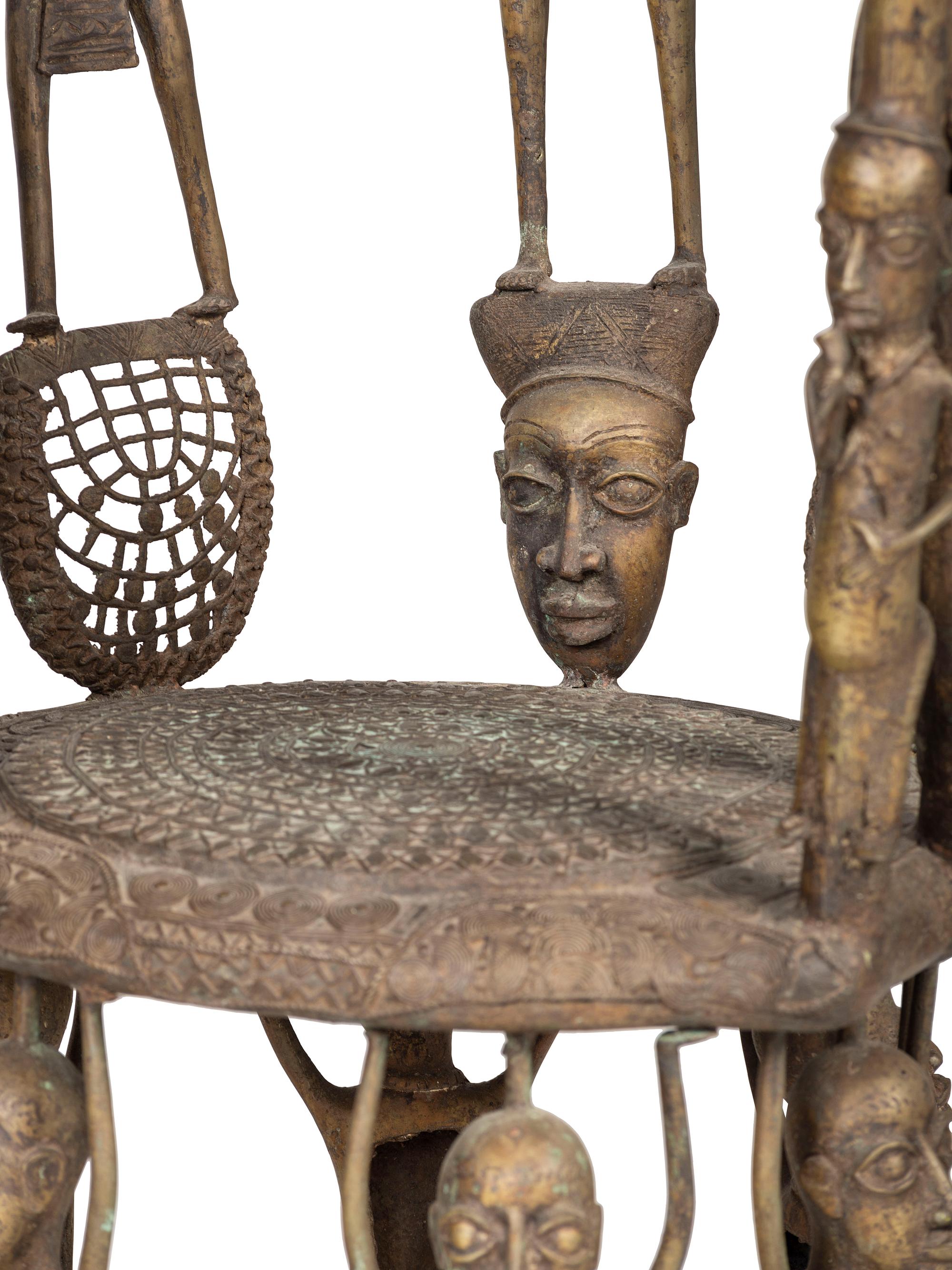Two Benin Bronze Figural Throne Chairs