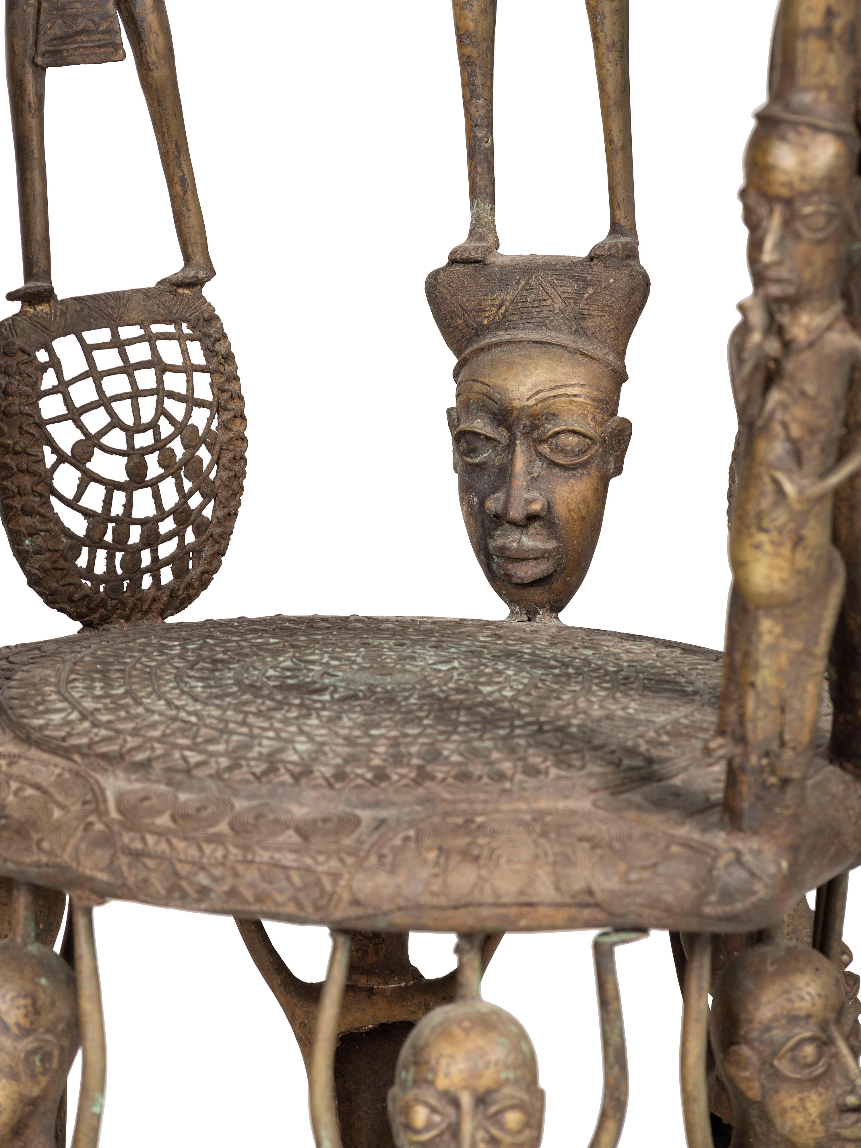 Two Benin Bronze Figural Throne Chairs