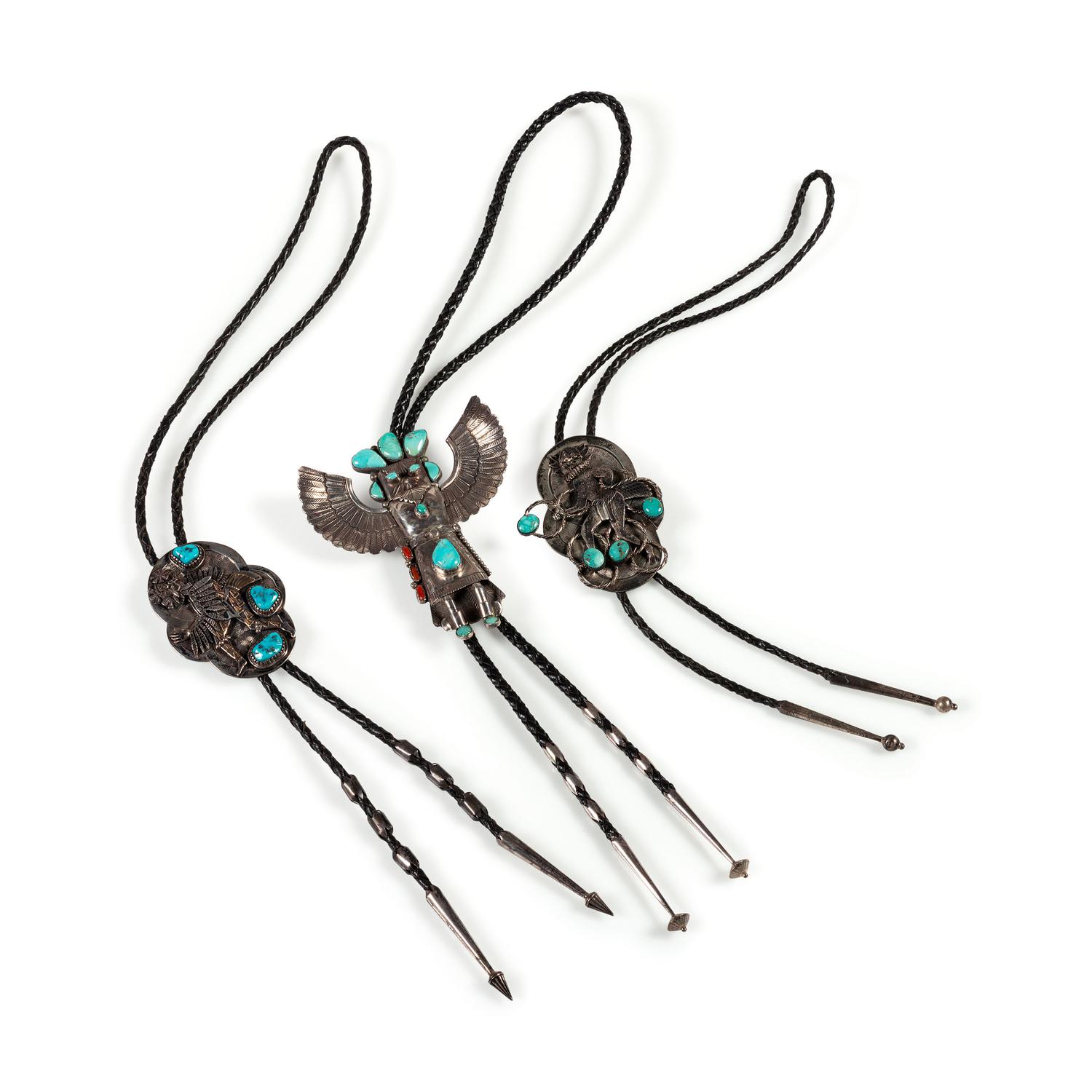Navajo Silver and Turquoise Katsina and Dancer Bolo Ties