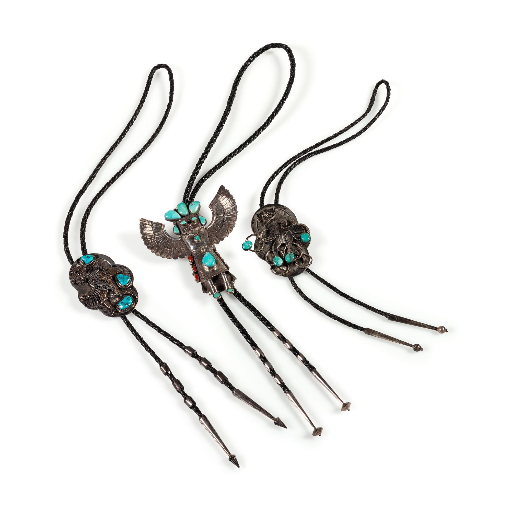 Navajo Silver and Turquoise Katsina and Dancer Bolo Ties