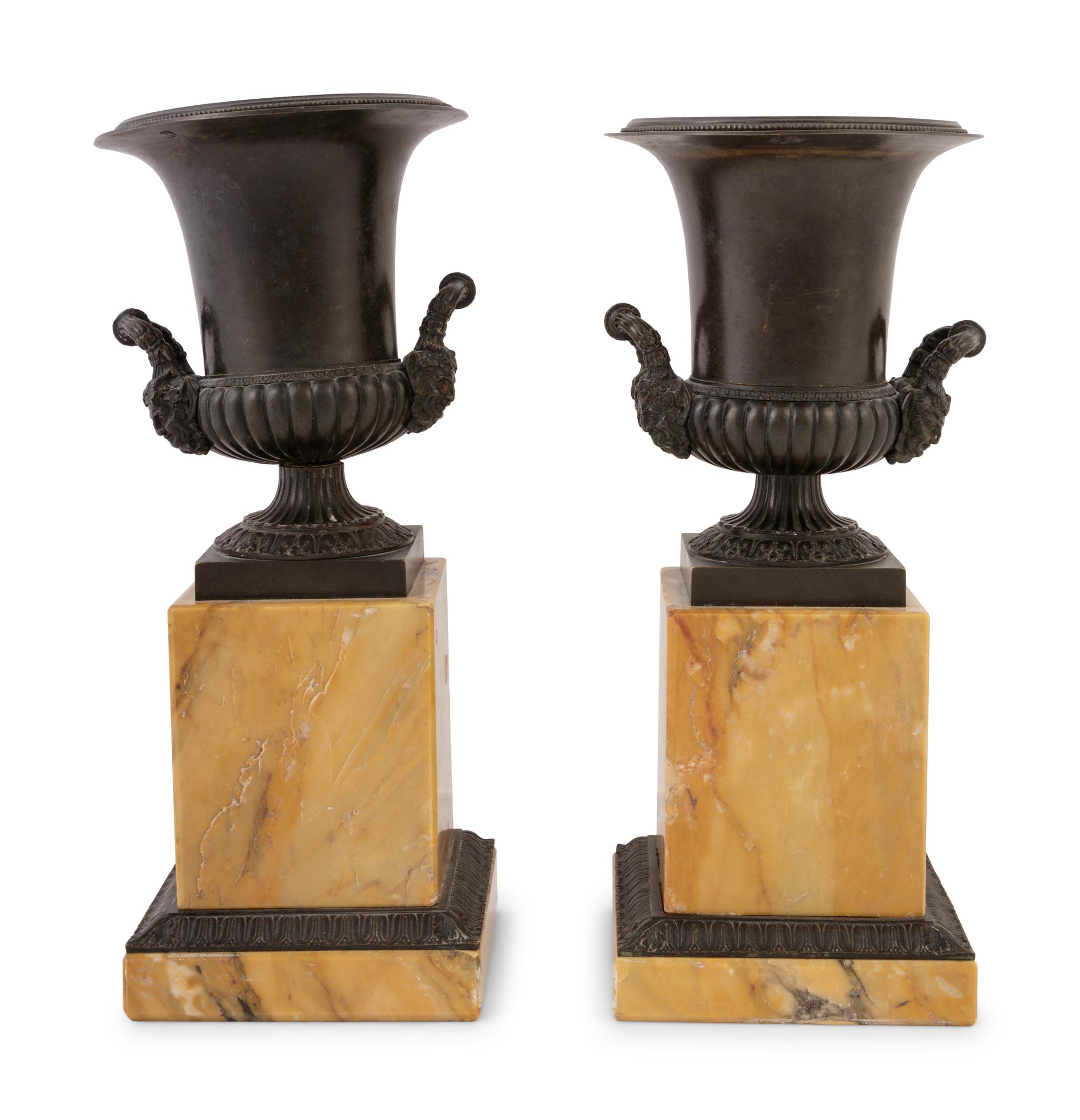 A Pair of Grand Tour Bronze and Marble Urns