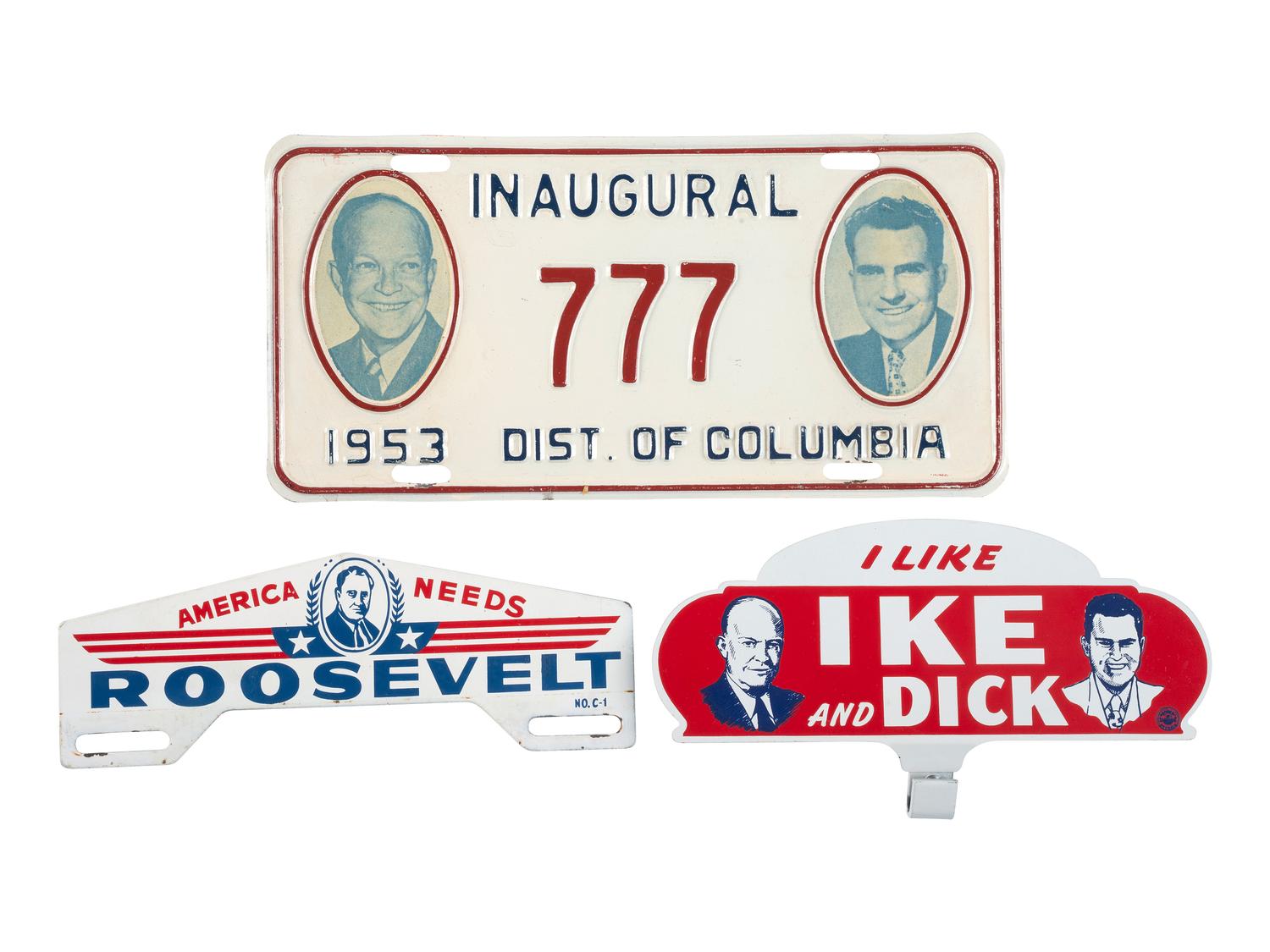 [POLITICS]. A group of 8 campaign license plates and attachments promoting Roosevelt, Eisenhower & Nixon, and Goldwater.