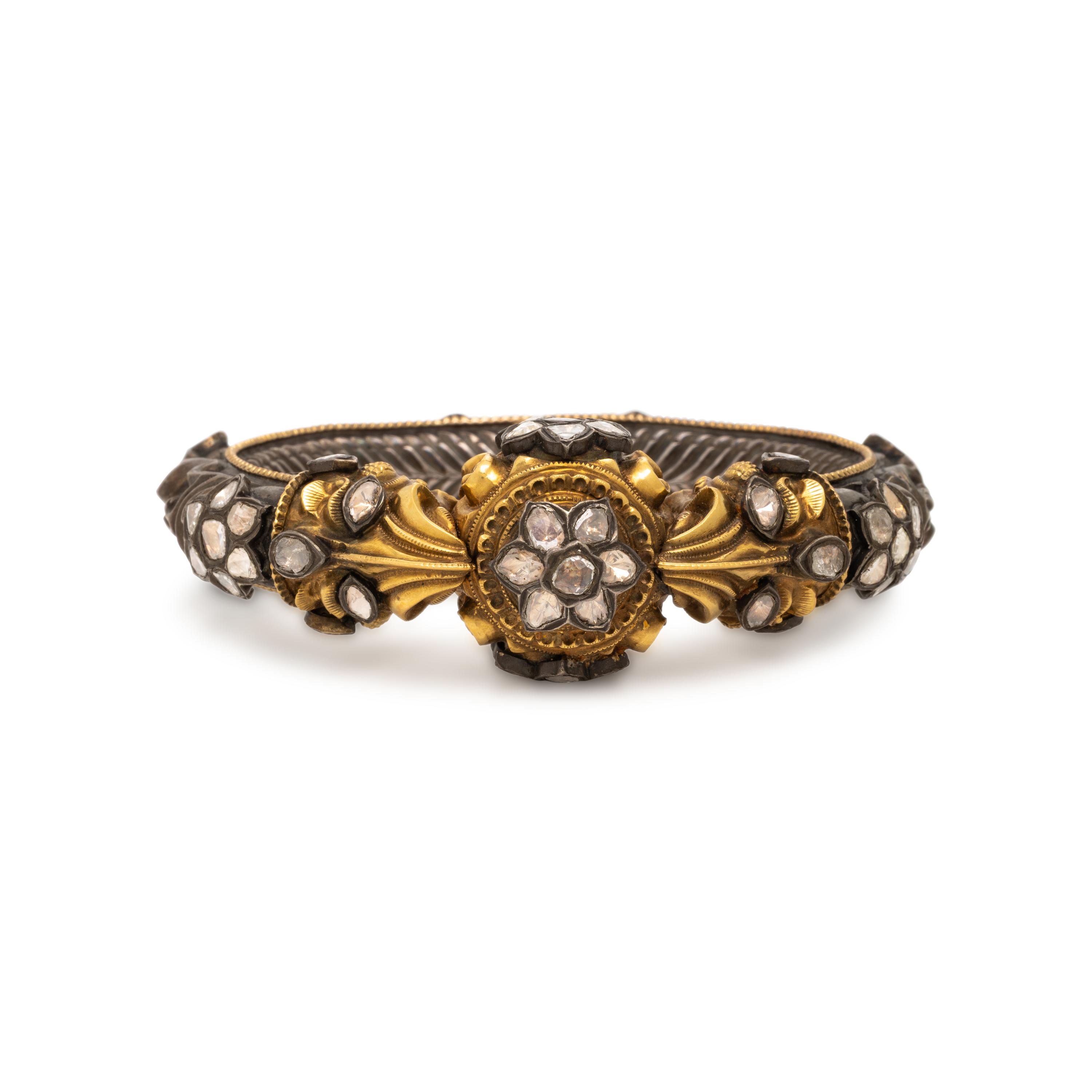 Mughal Style Diamond, Yellow Gold, and Silver Bangle Bracelet