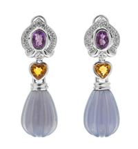 A Pair of 14 Karat White Gold, Chalcedony, Amethyst, Citrine and Diamond Earclips, 11.60 dwts.