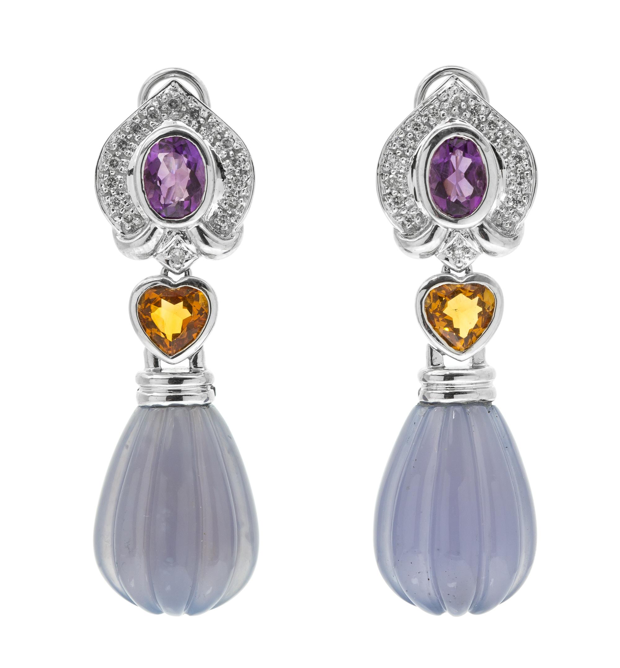 A Pair of 14 Karat White Gold, Chalcedony, Amethyst, Citrine and Diamond Earclips, 11.60 dwts.