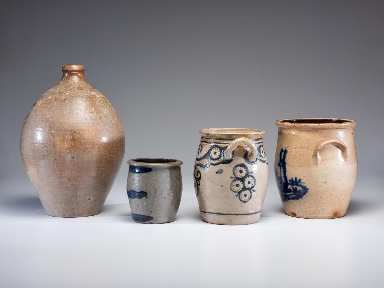 Four Cobalt Decorated Stoneware Vessels