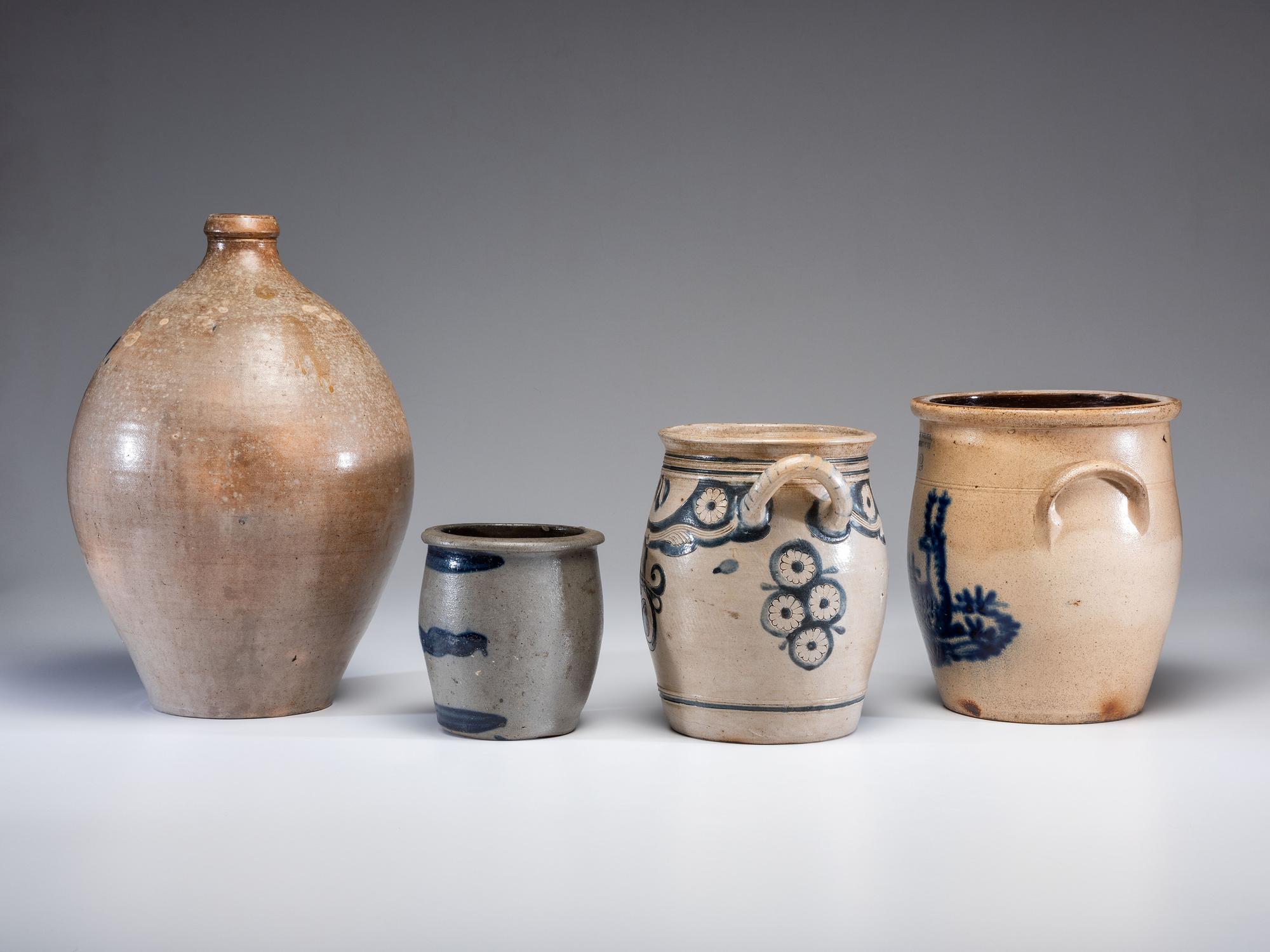 Four Cobalt Decorated Stoneware Vessels