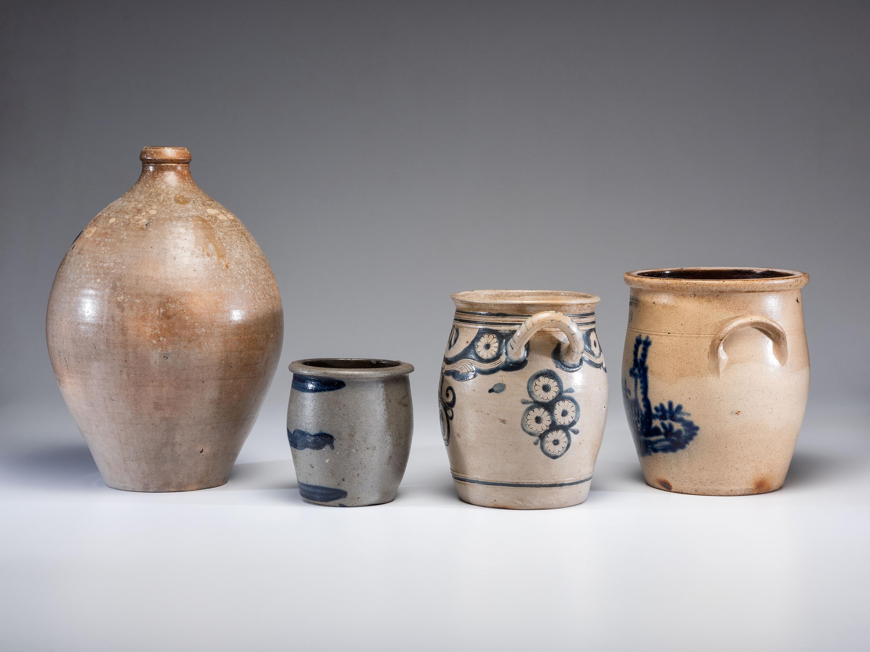 Four Cobalt Decorated Stoneware Vessels